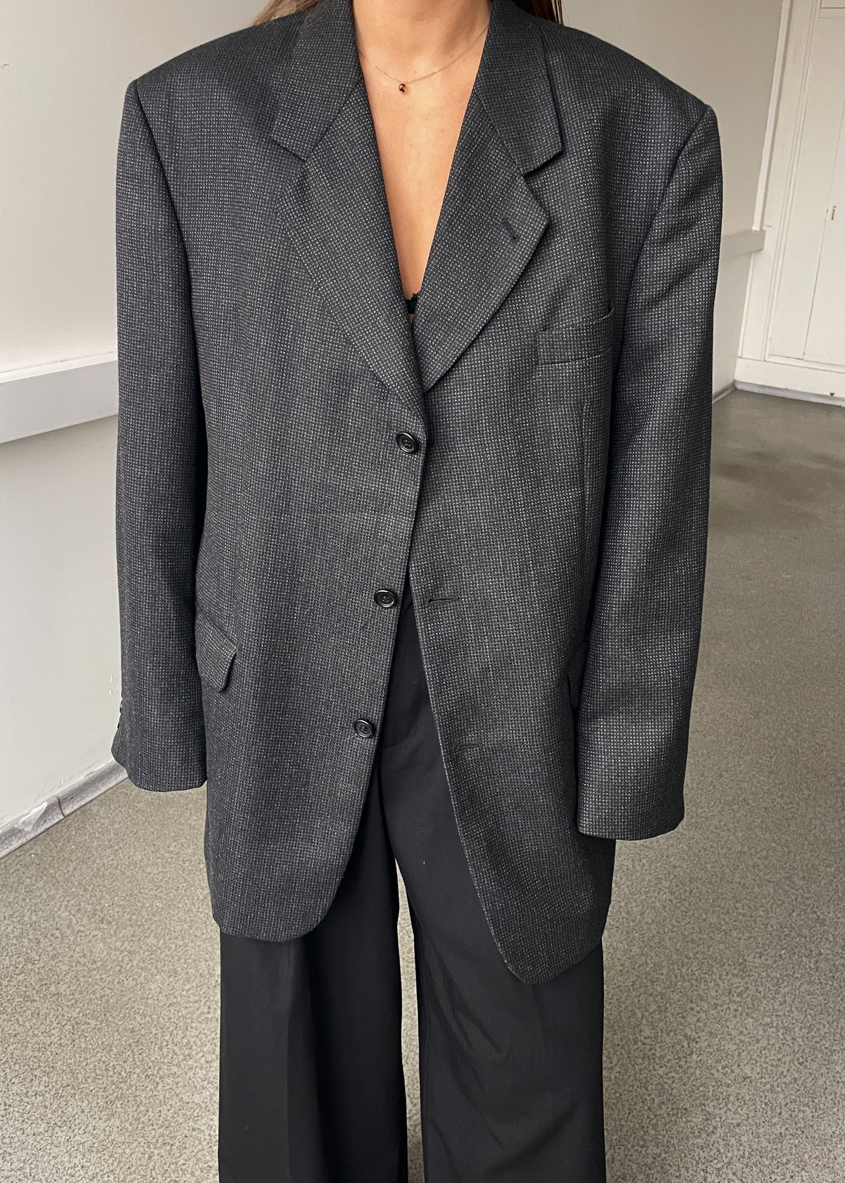 Vintage Dark Grey Patterned Wool Blend Oversized Blazer, view 1