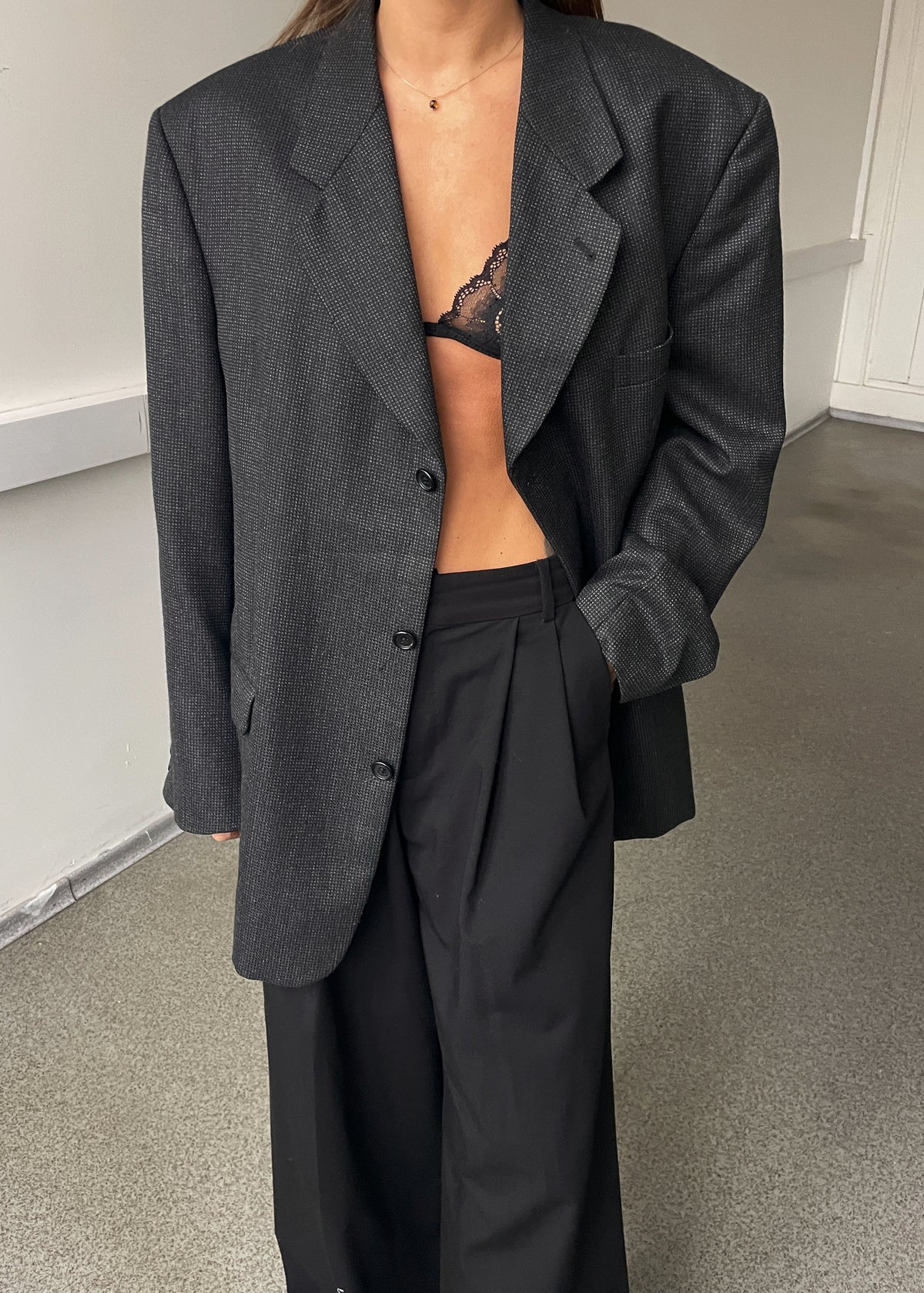 Vintage Dark Grey Patterned Wool Blend Oversized Blazer, view 2