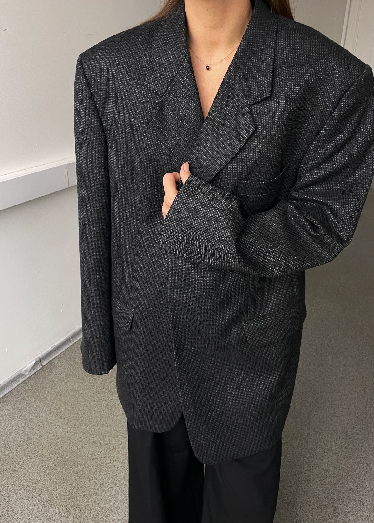 Vintage Dark Grey Patterned Wool Blend Oversized Blazer, view 3