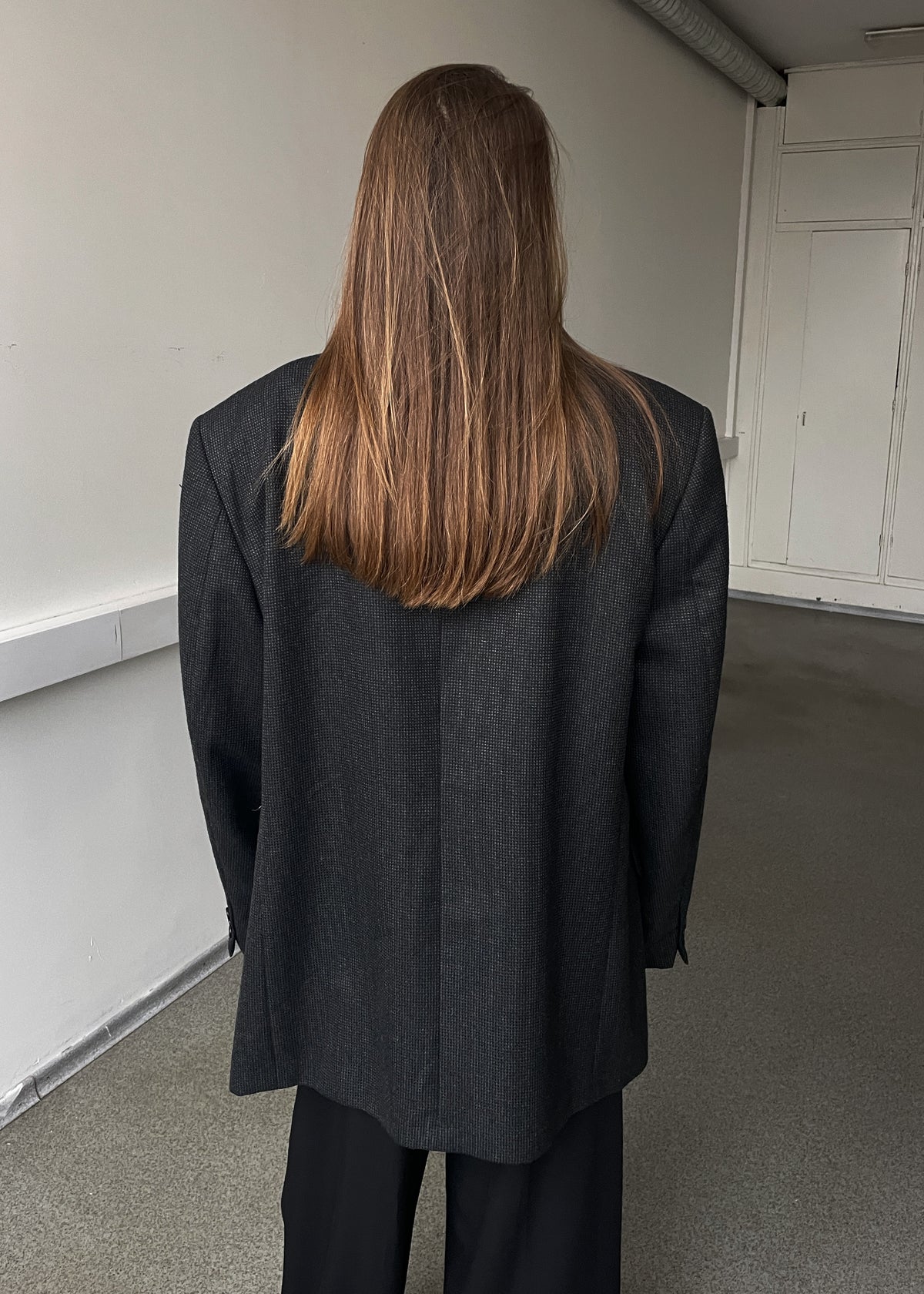 Vintage Dark Grey Patterned Wool Blend Oversized Blazer, view 4