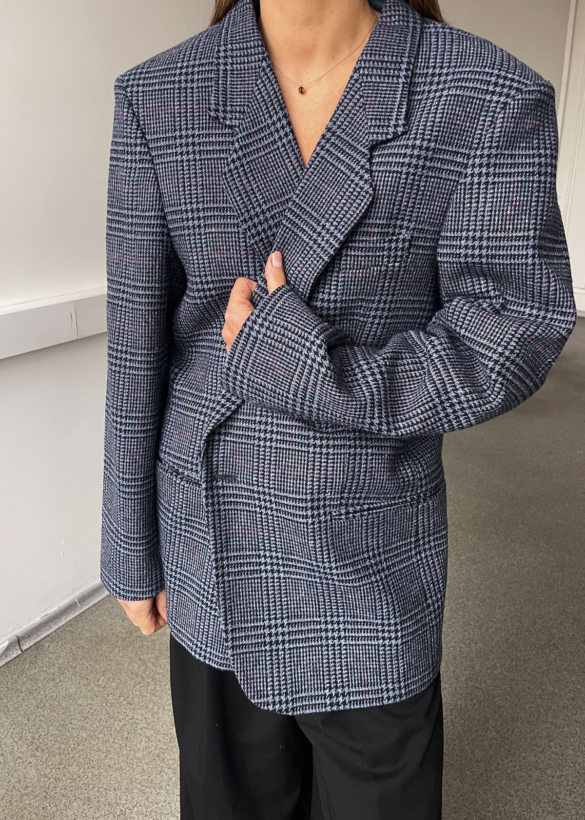 Vintage Blue Burgundy Dogtooth Wool Blend Oversized Blazer, view 5