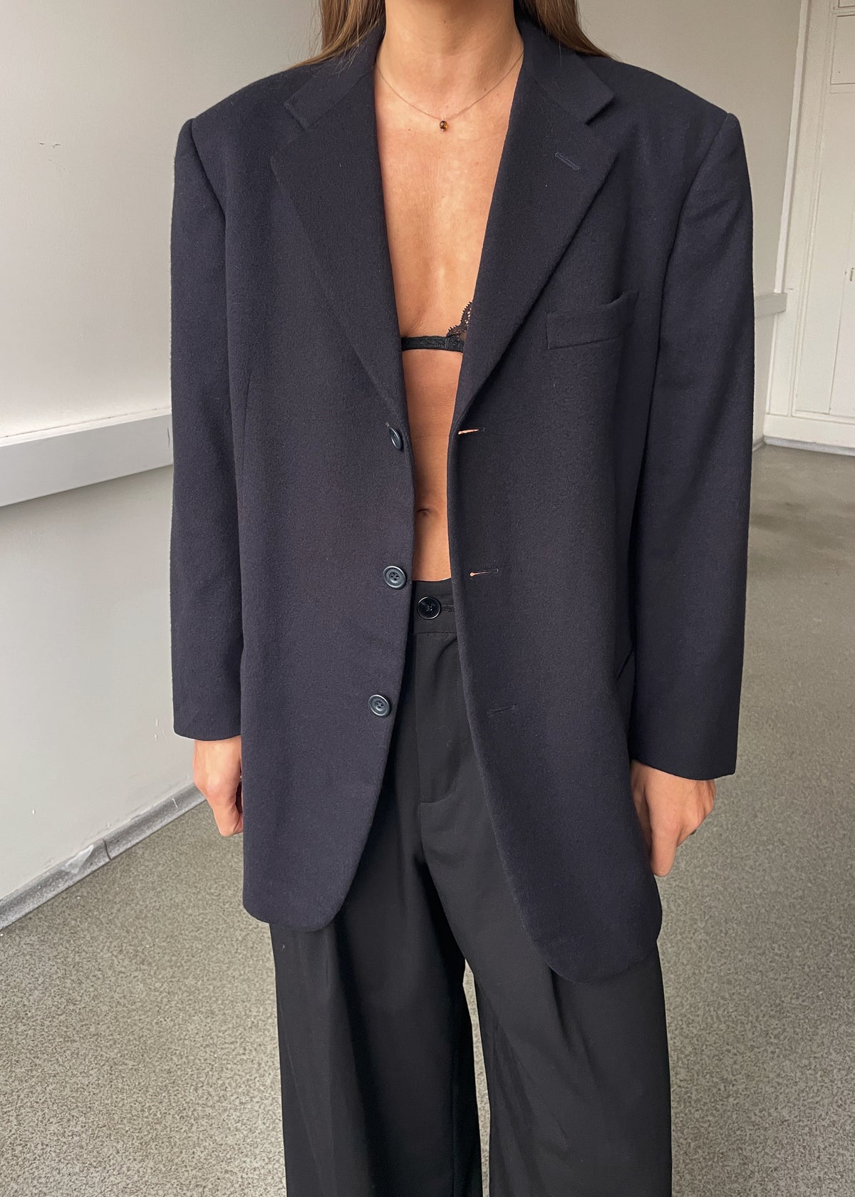 Vintage Navy Blue Brushed Wool and Cashmere Oversized Blazer, view 1