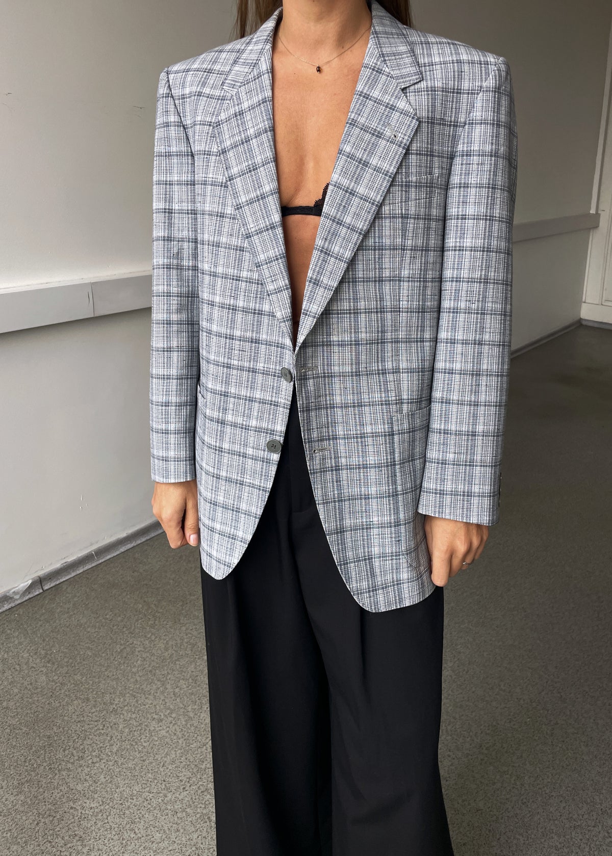 Vintage Grey and Blue Checked Wool Blend Blazer, view 1