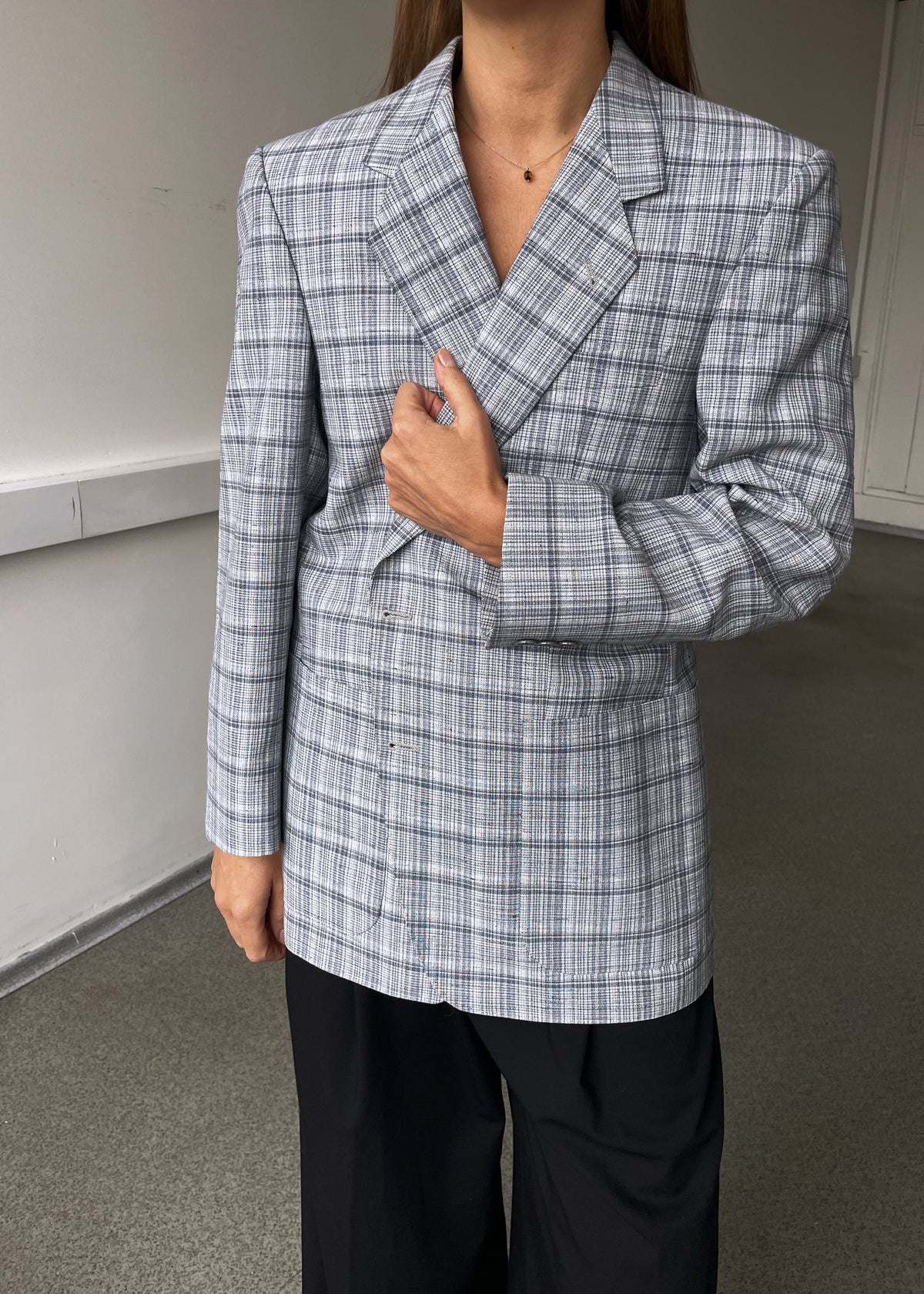 Vintage Grey and Blue Checked Wool Blend Blazer, view 5