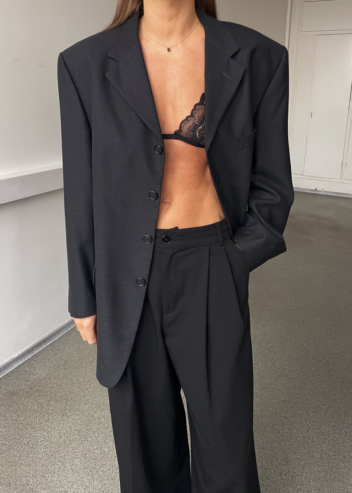 Vintage Dark Grey Classic Wool Blend Oversized Blazer, view 2