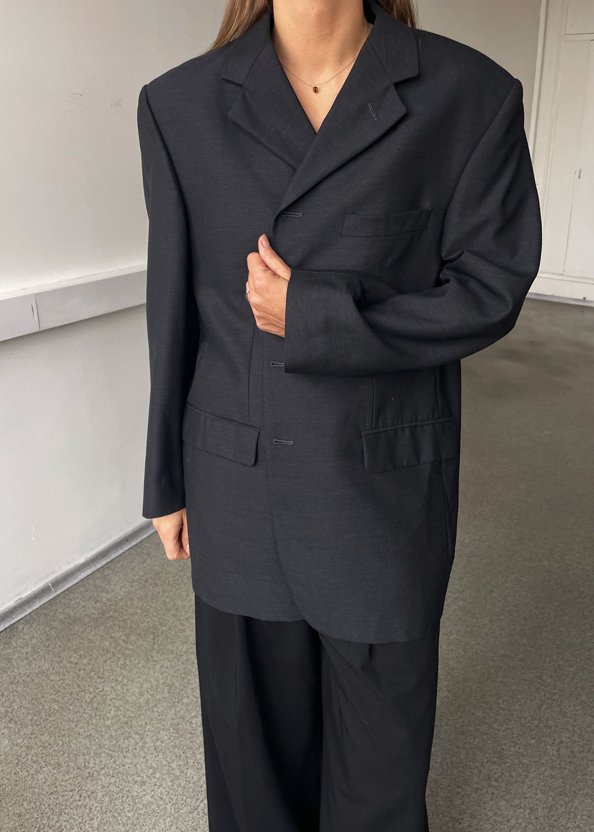 Vintage Dark Grey Classic Wool Blend Oversized Blazer, view 4