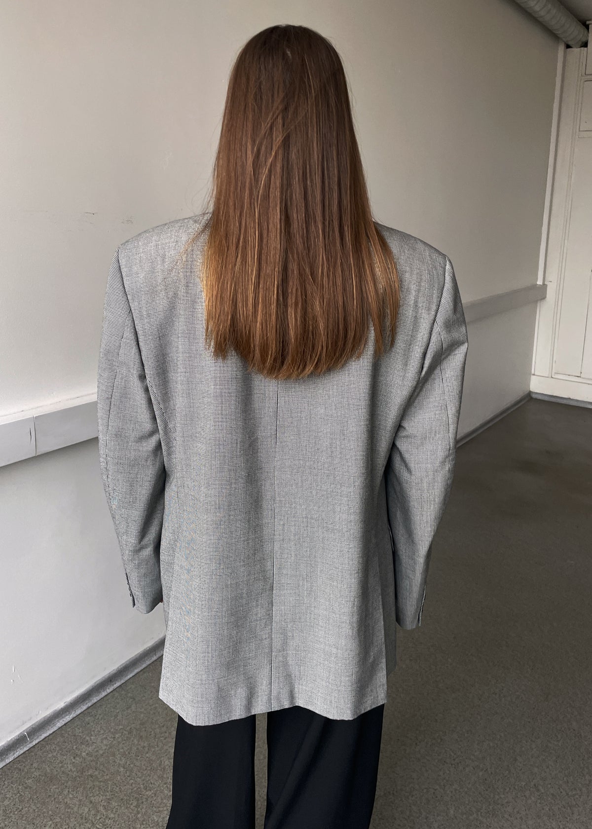 Vintage Light Grey Double-Breasted Dogtooth Pattern Oversized Blazer, view 7