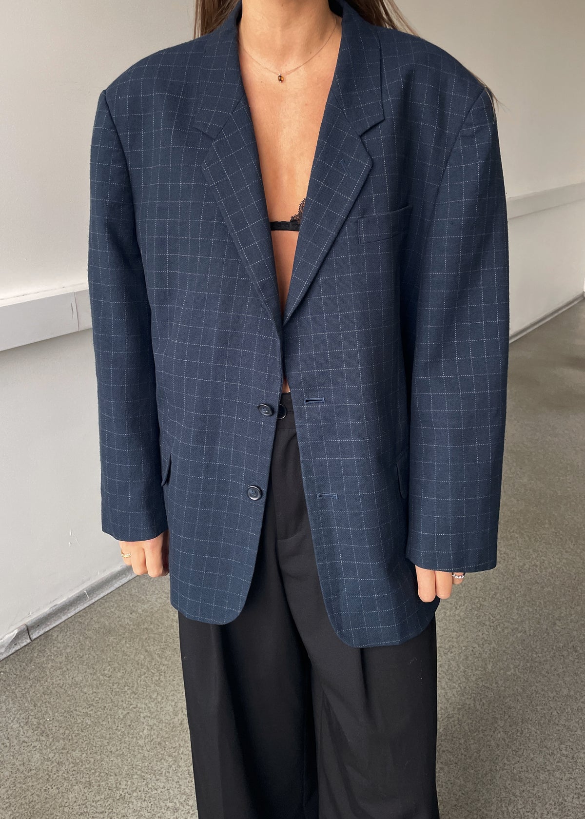 Vintage Dark Blue Grey Checked Oversized Blazer, view 1