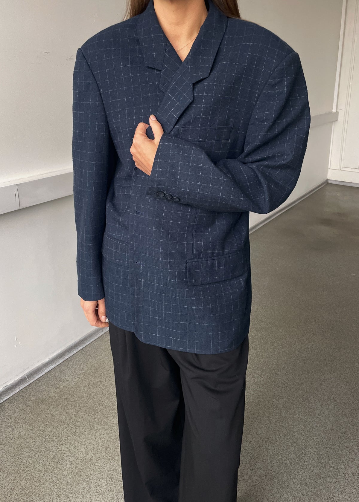 Vintage Dark Blue Grey Checked Oversized Blazer, view 5