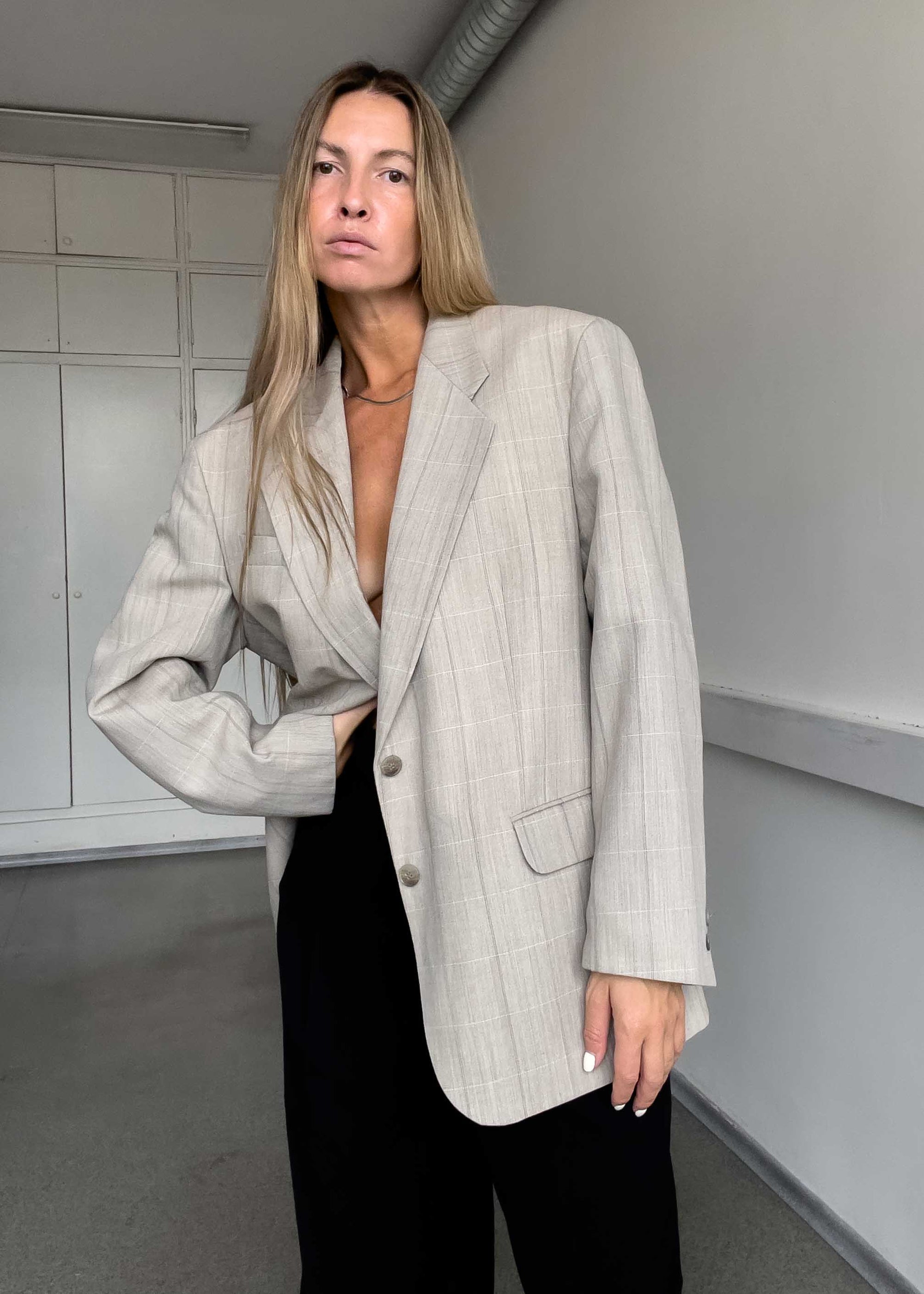 Vintage Grey Checked Oversized Blazer