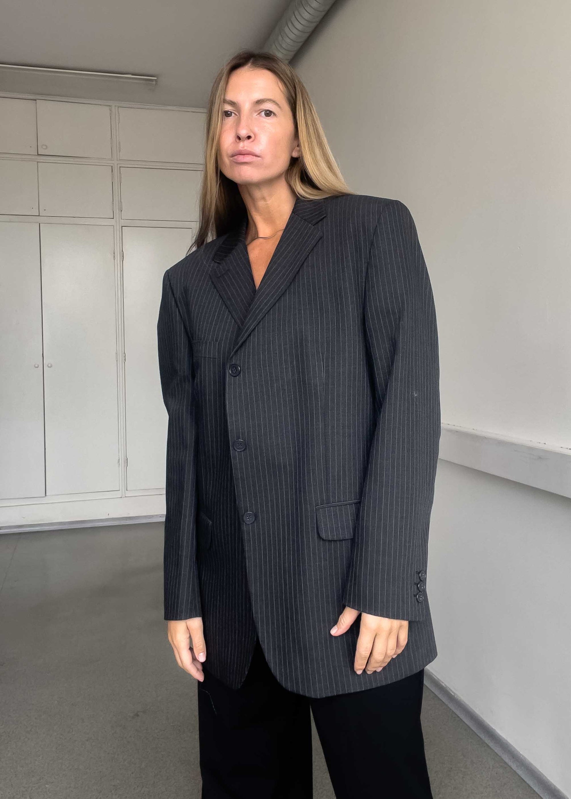 Vintage Grey Stripy Oversized Blazer