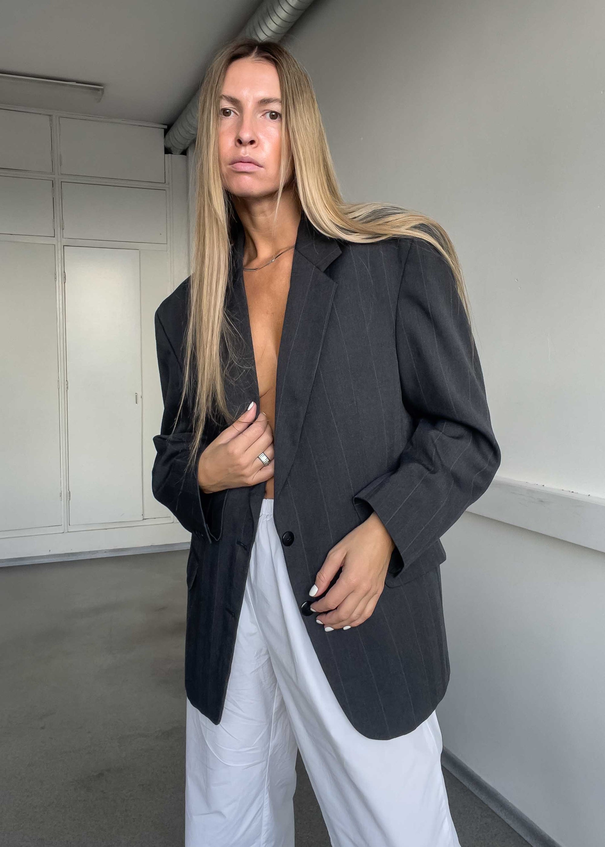 Vintage Grey  Stripy Oversized Blazer