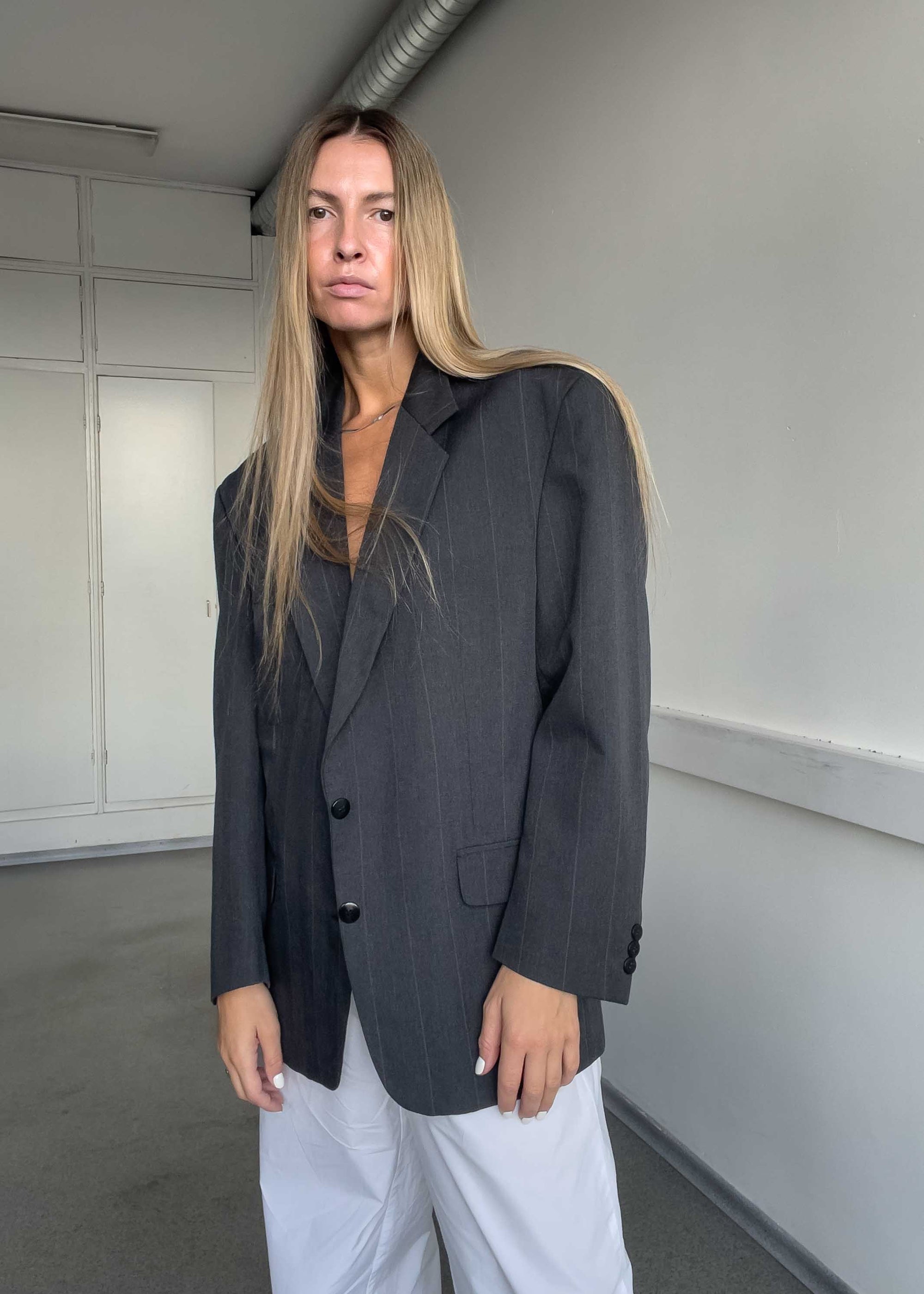 Vintage Grey  Stripy Oversized Blazer