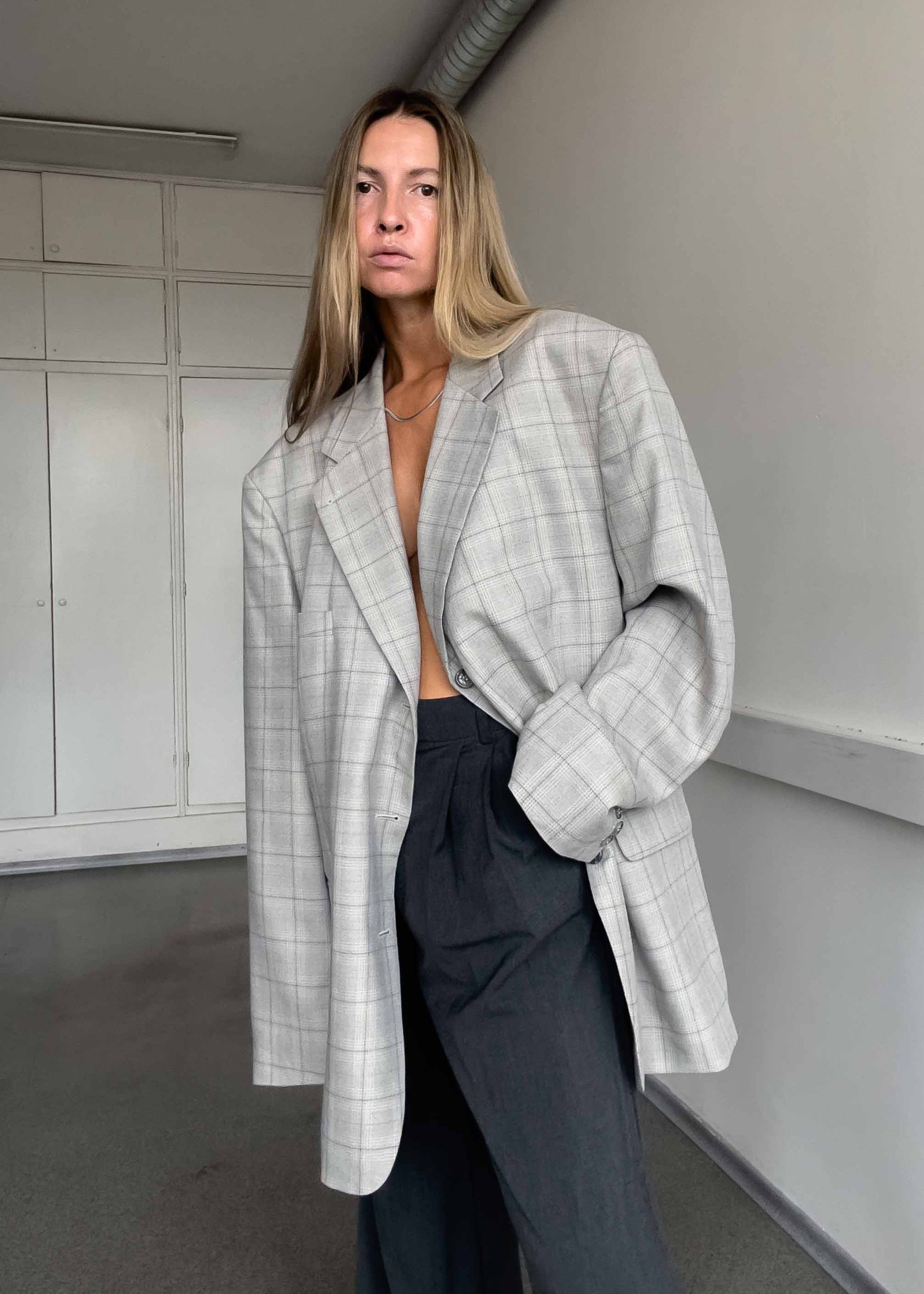 Vintage Grey Checked Oversized Blazer