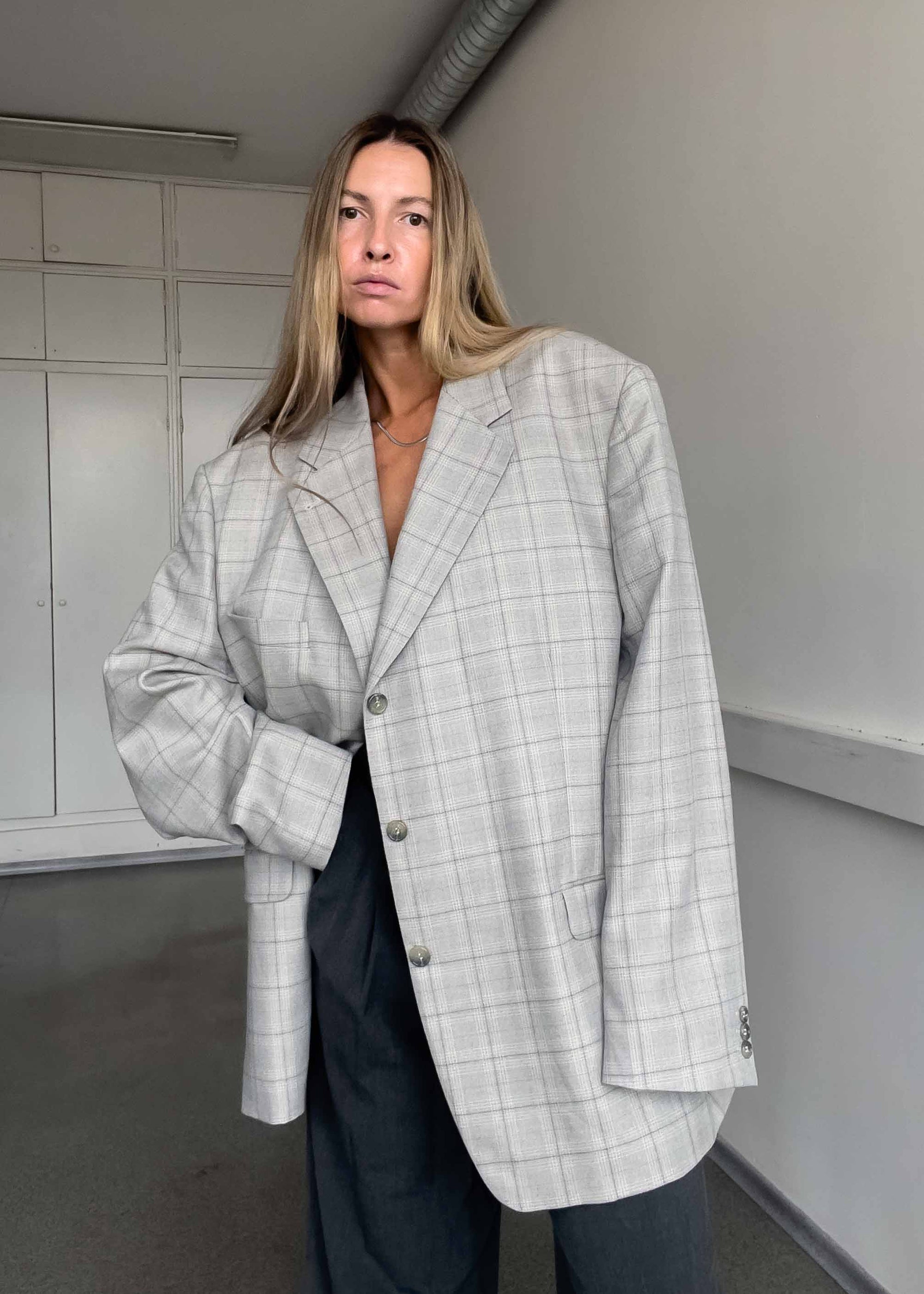 Vintage Grey Checked Oversized Blazer