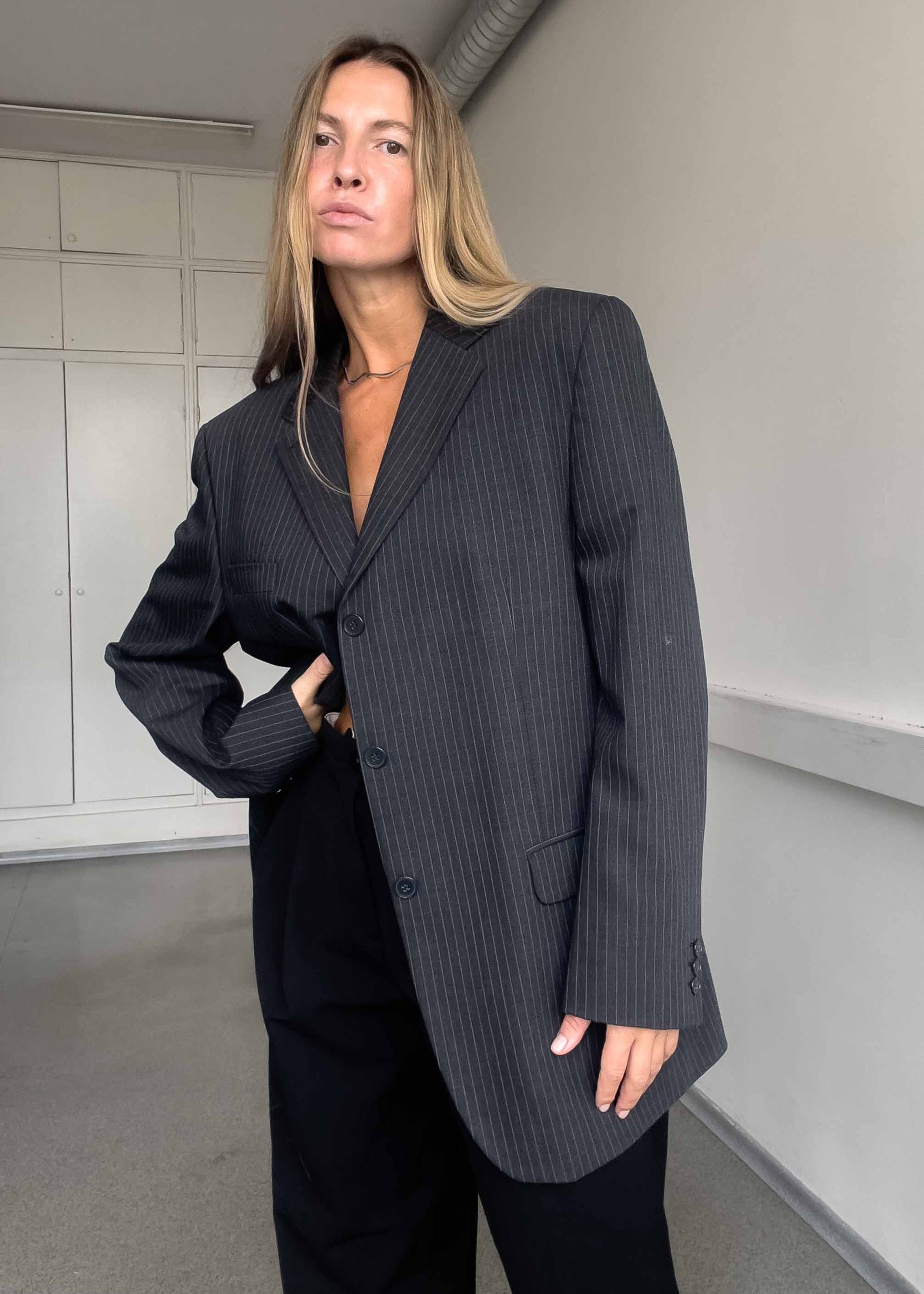 Vintage Grey Stripy Oversized Blazer