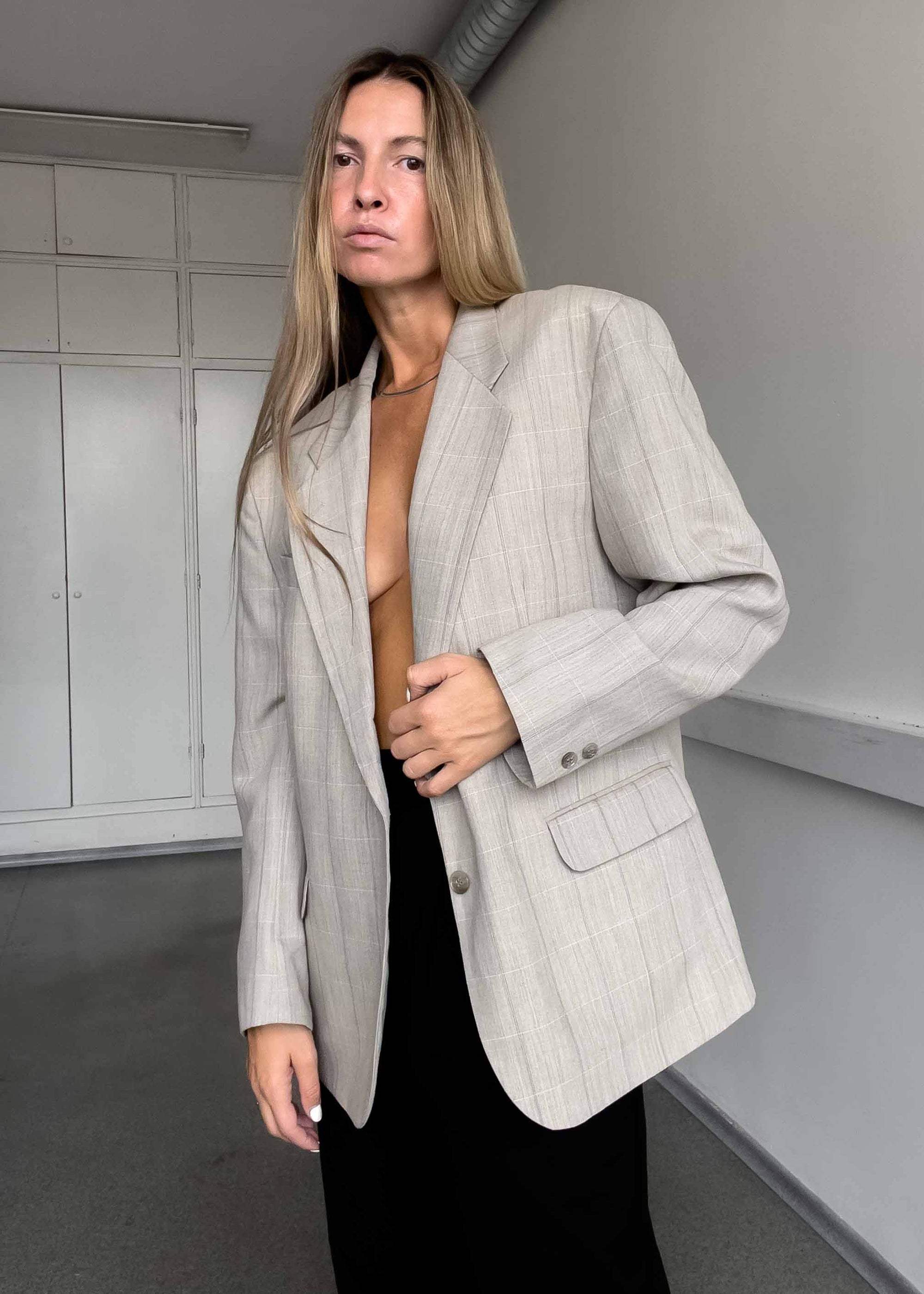 Vintage Grey Checked Oversized Blazer