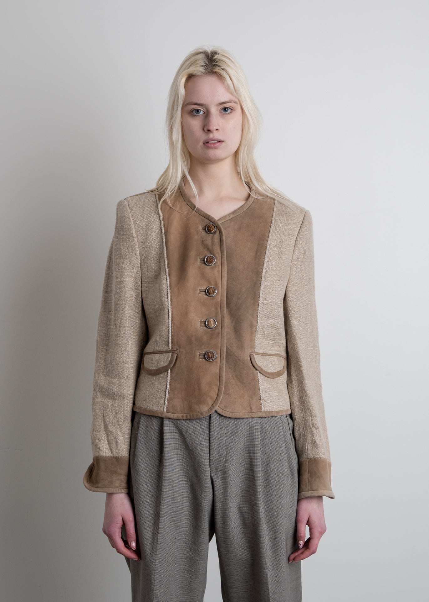 Vintage Brown Crop Linen & Velvet Jacket