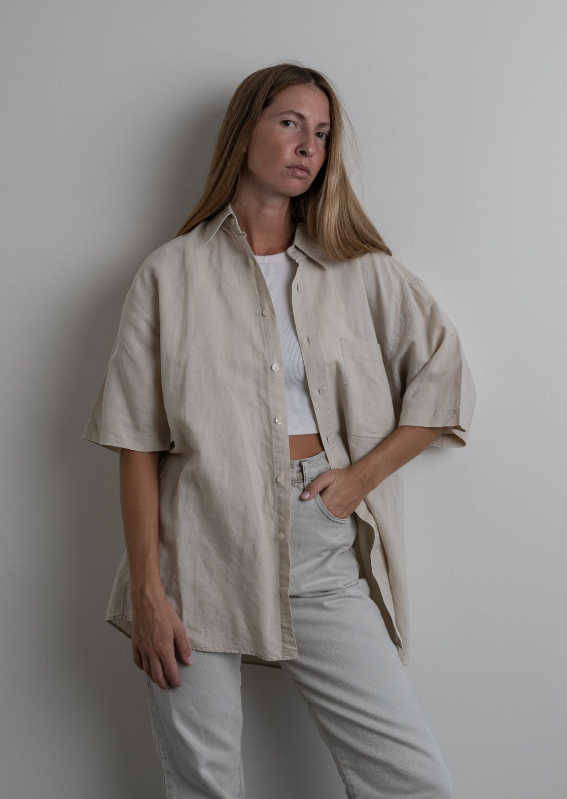 Vintage Beige Oversized Linen Shirt