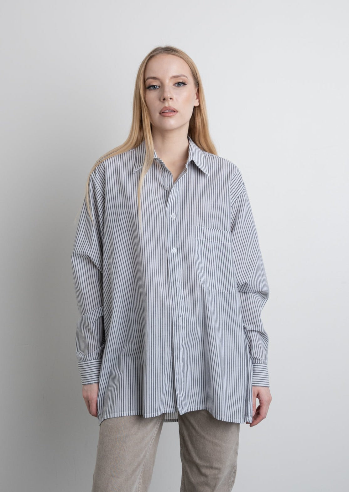 Vintage White & Grey Oversized Stripy Shirt