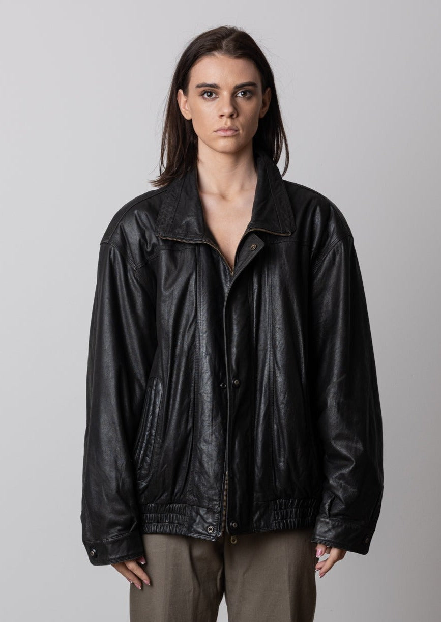 Vintage Black Oversized Leather Jacket