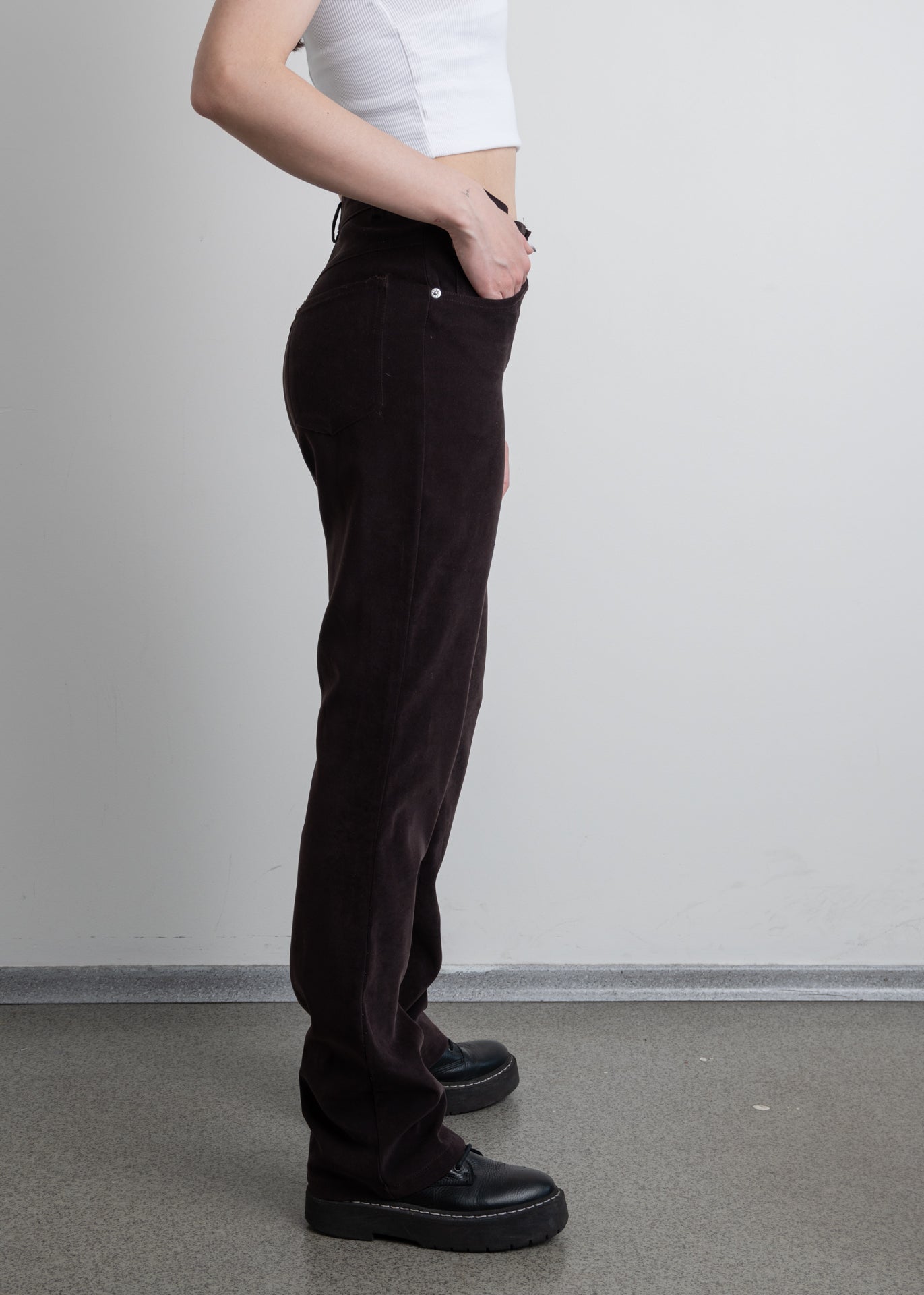 Vintage Brown Soft Velvet Straight Trousers