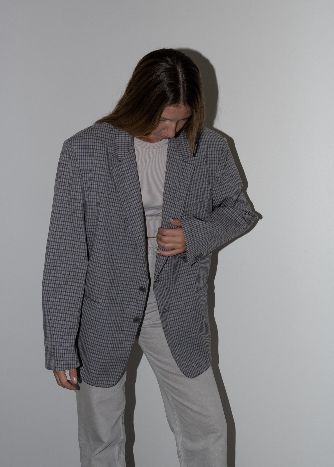Vintage Grey Checked Oversized Light Weight Blazer
