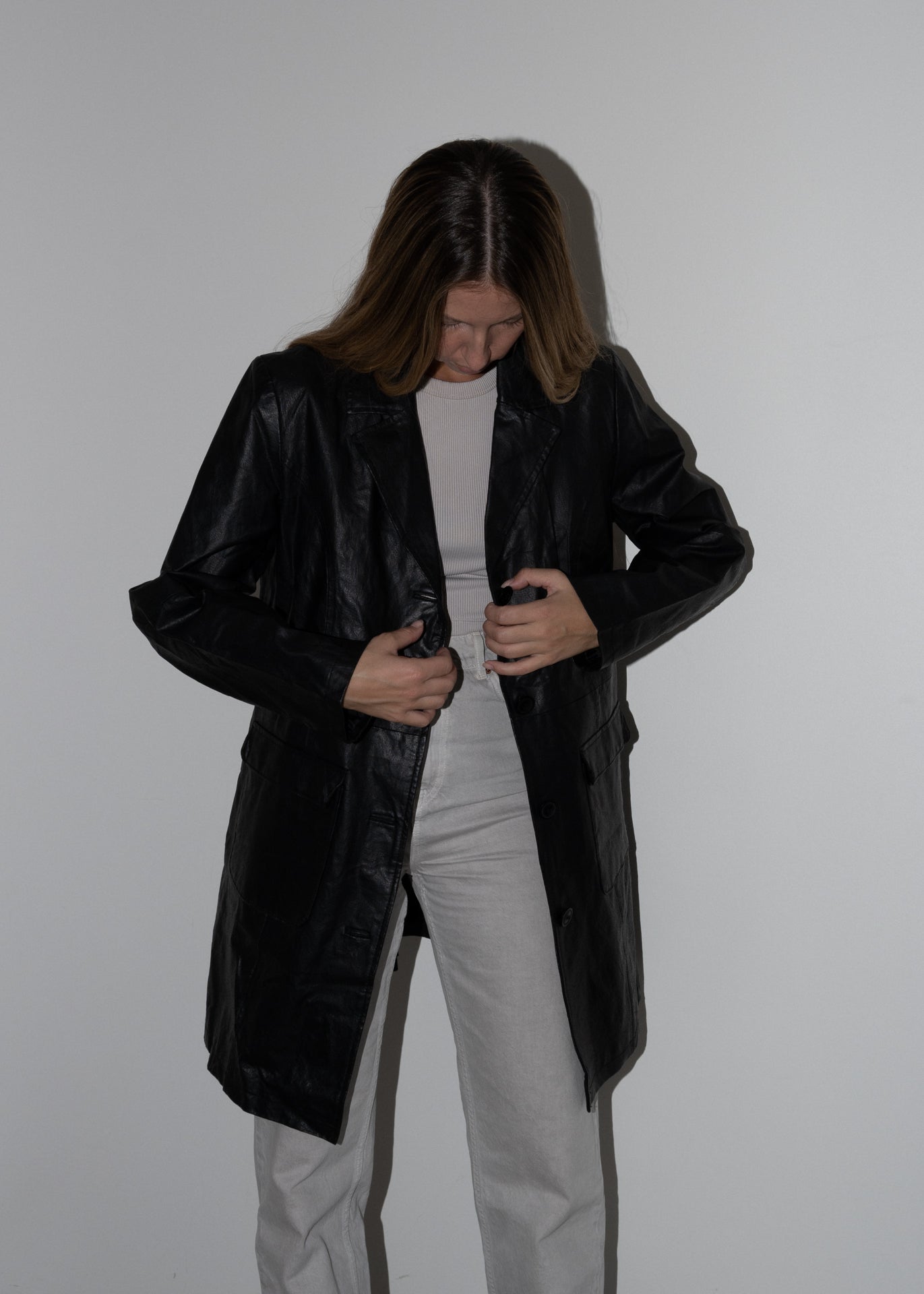 Vintage Black Oversized Leather Coat