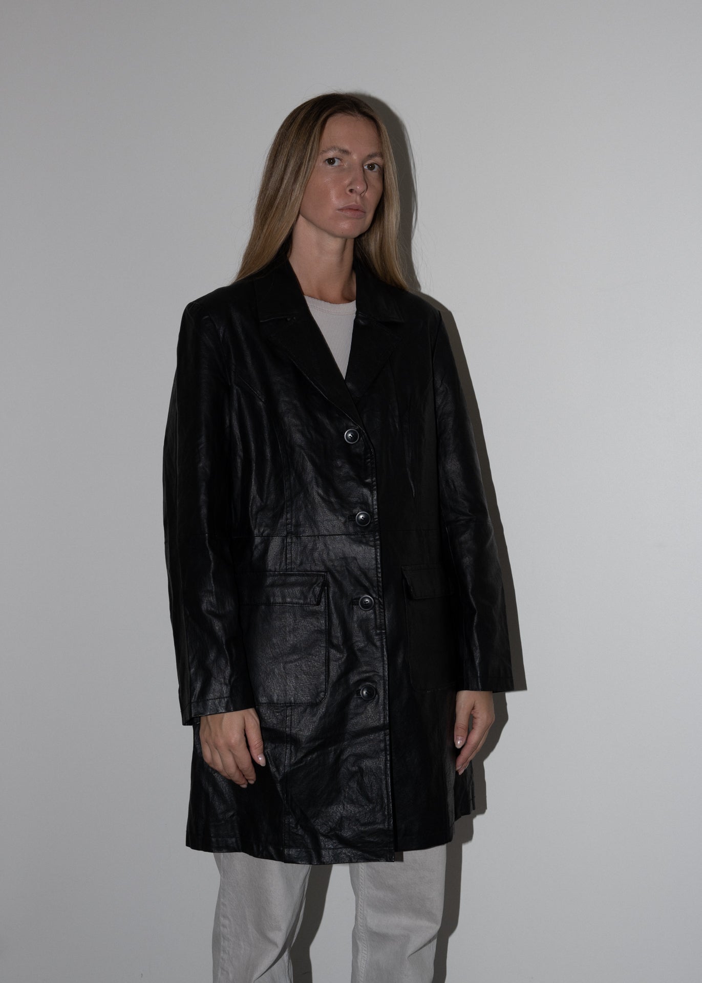 Vintage Black Oversized Leather Coat