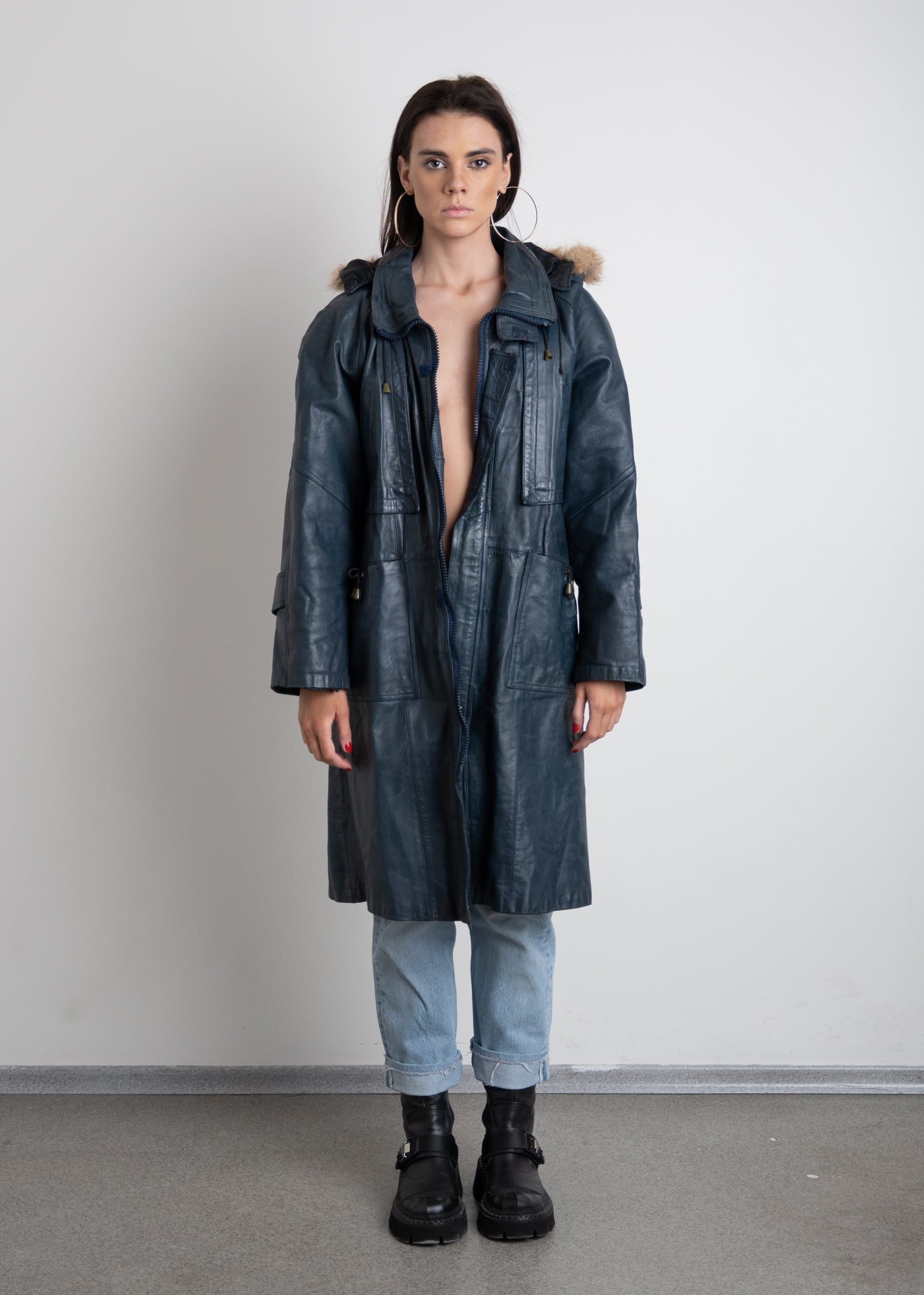 Vintage Blue Oversized Leather Coat