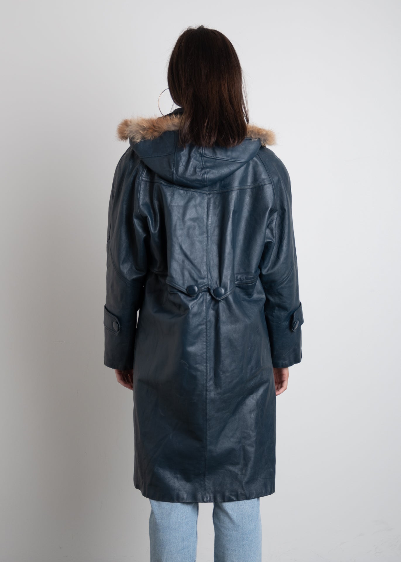 Vintage Blue Oversized Leather Coat