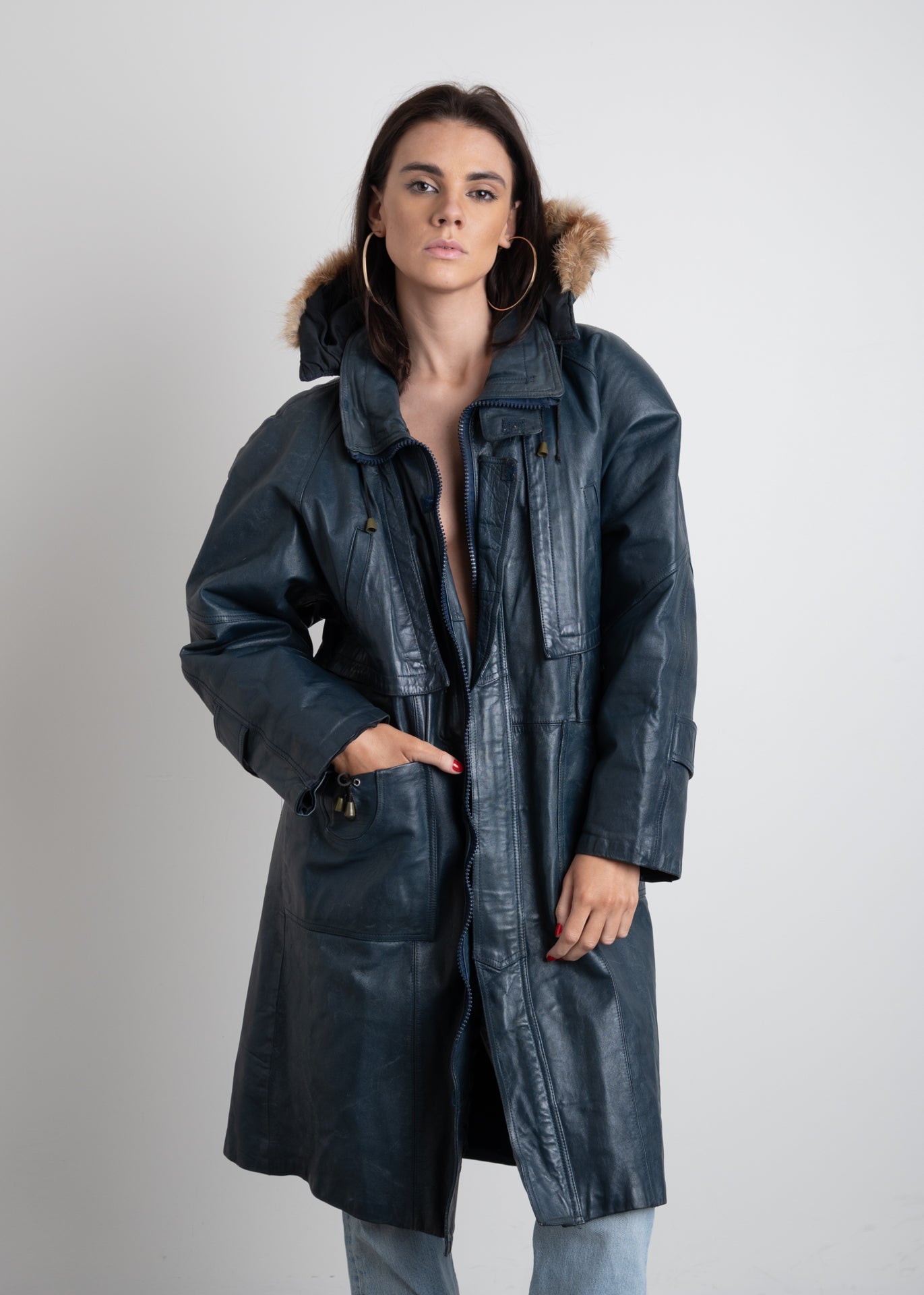 Vintage Blue Oversized Leather Coat