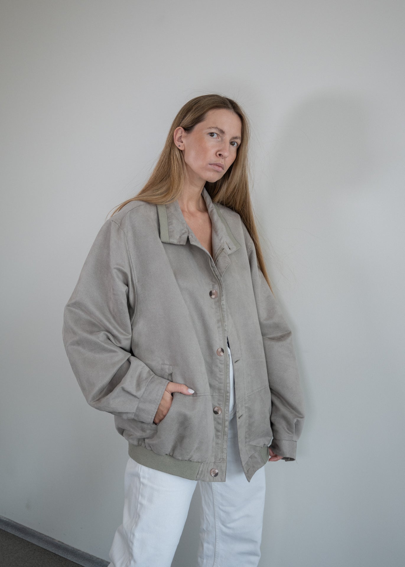 Vintage Grey Velvet Oversized Bomber Jacket
