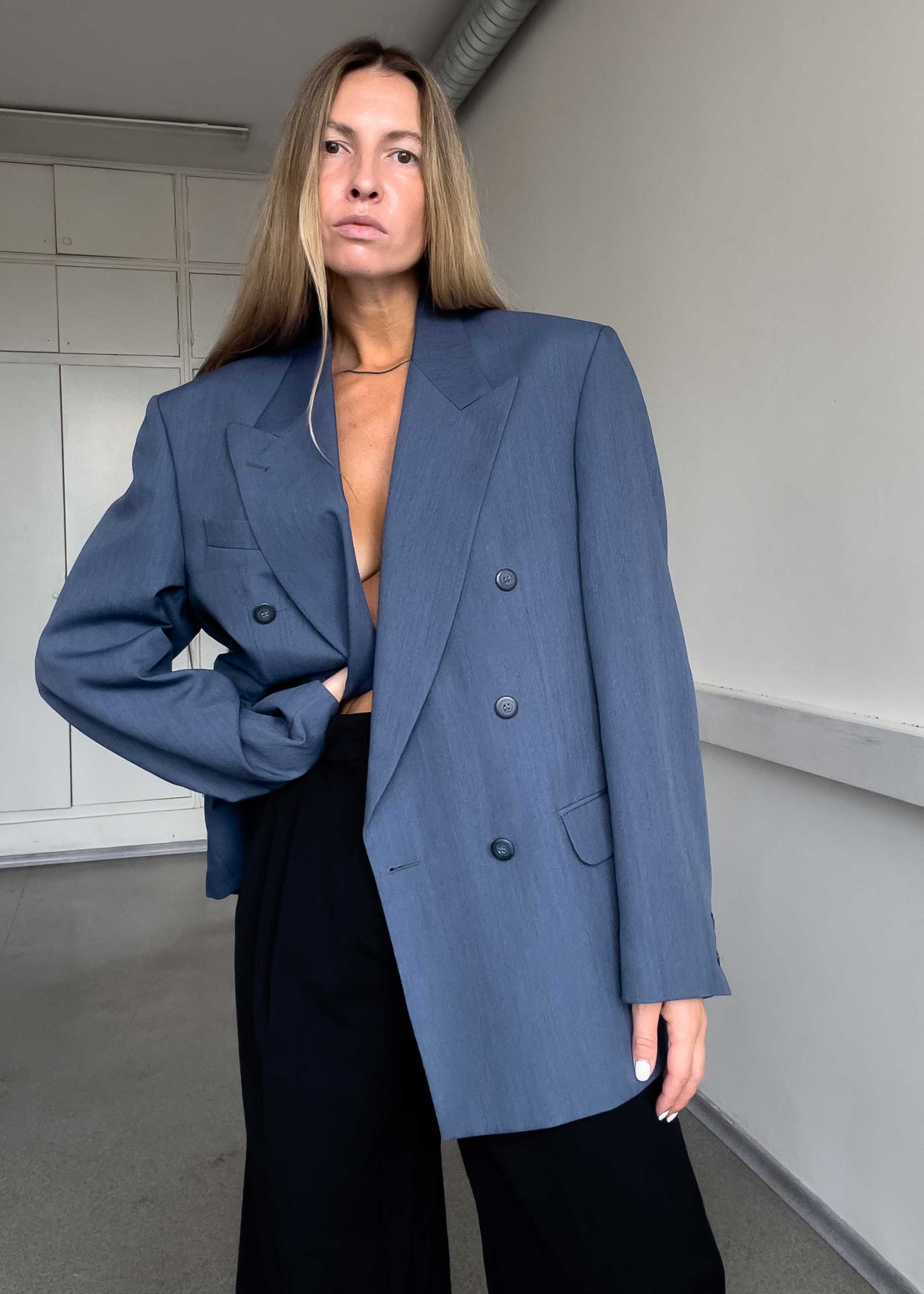 Vintage Blue Oversized Double Breasted Blazer