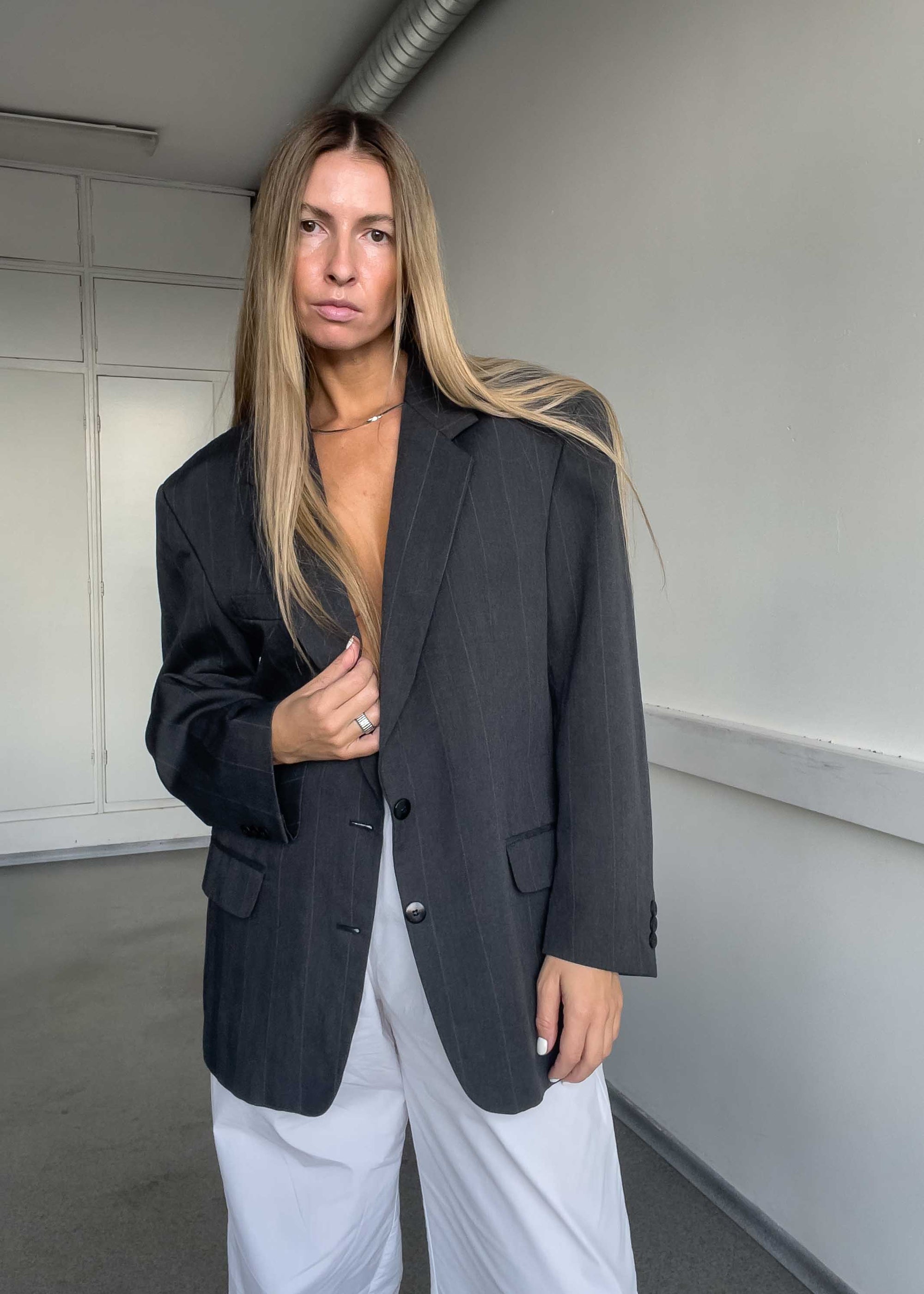 Vintage Grey  Stripy Oversized Blazer