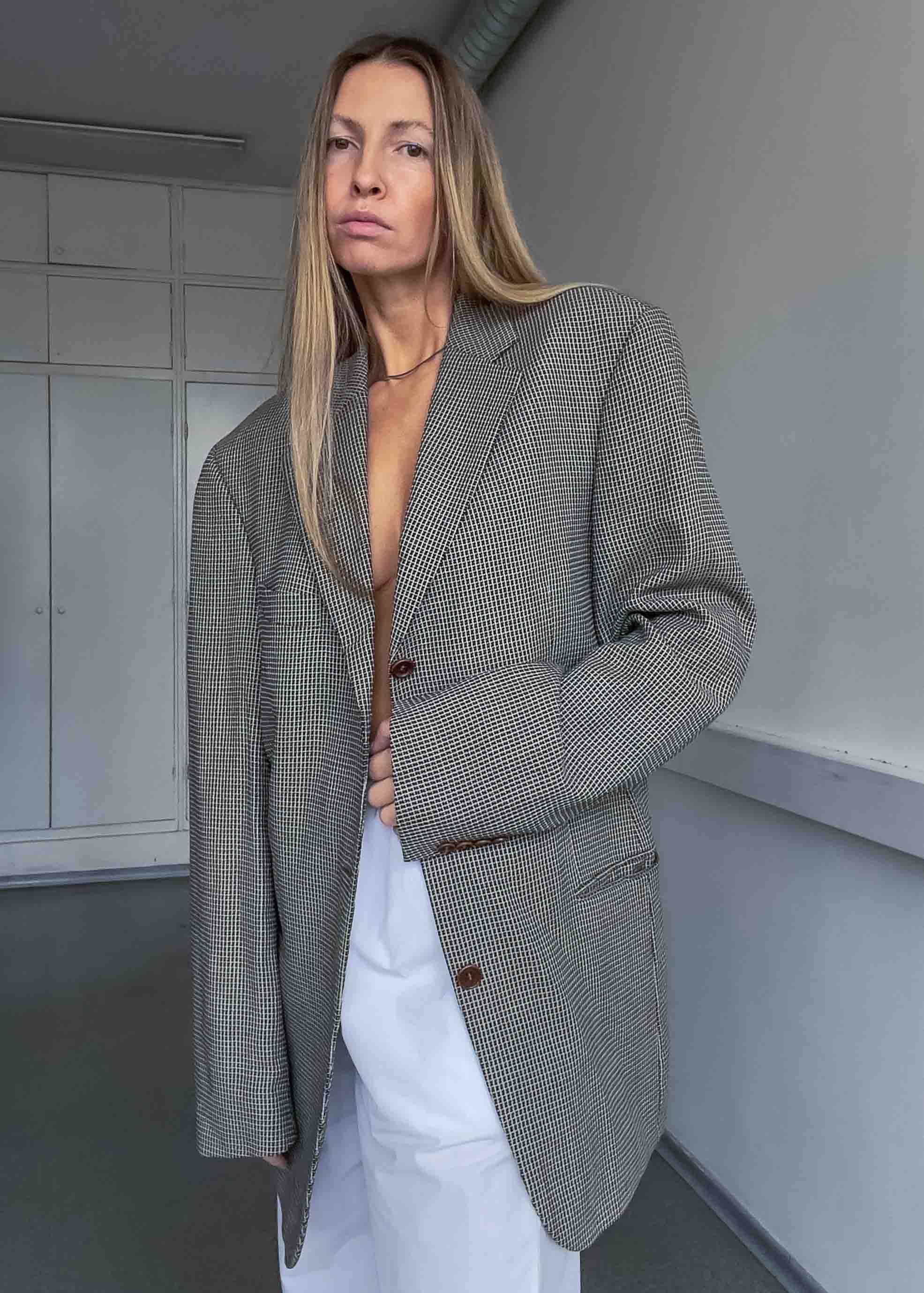 Vintage Brown Checked Oversized Blazer