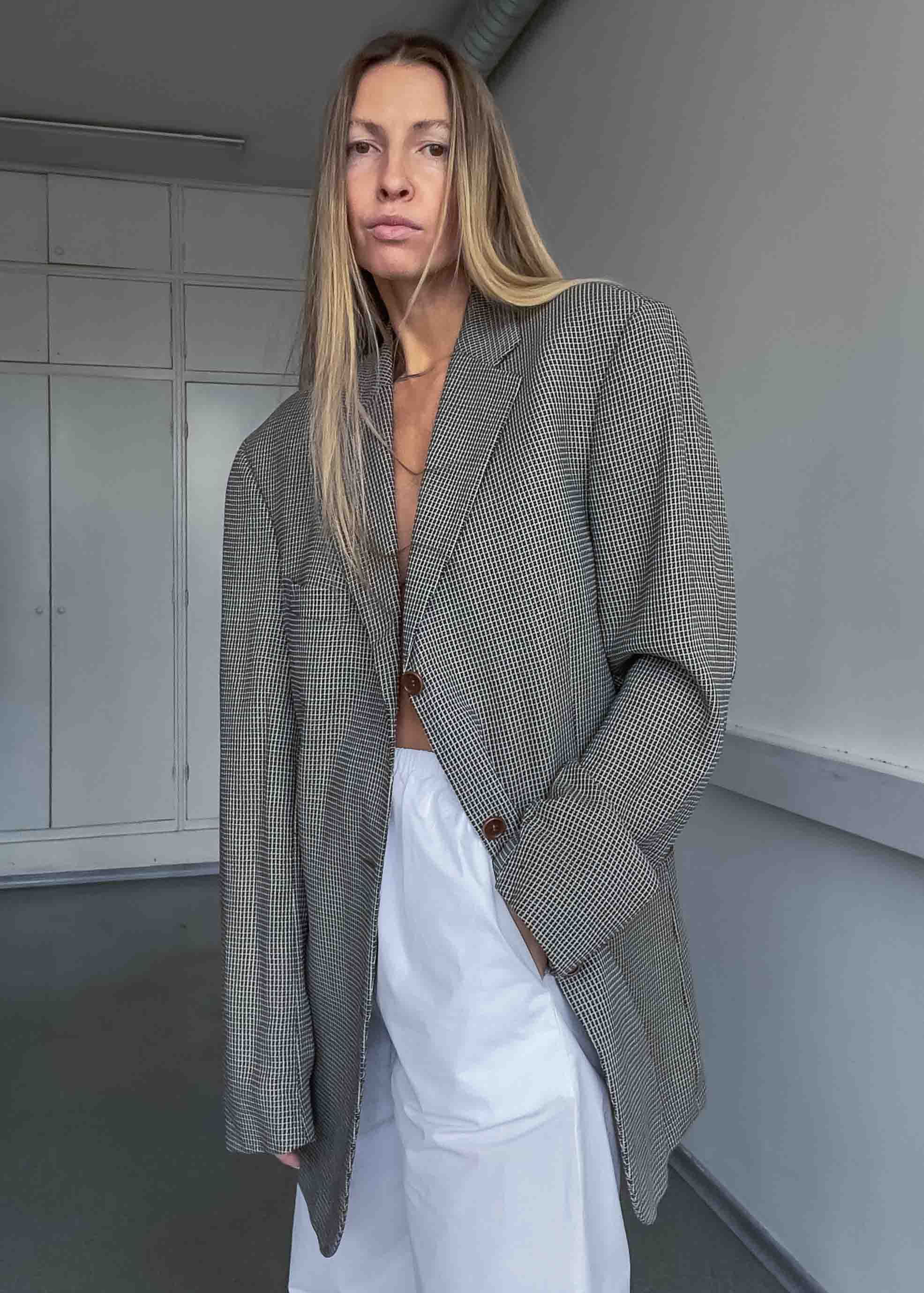 Vintage Brown Checked Oversized Blazer