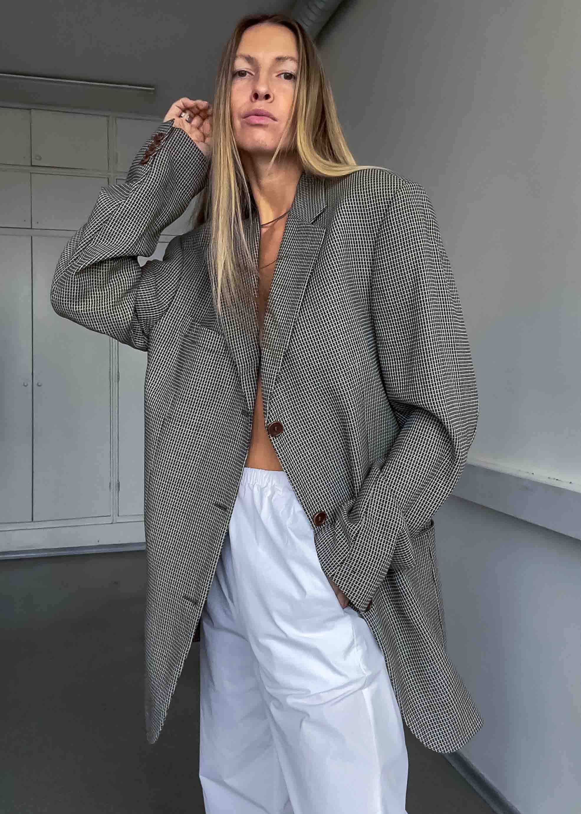 Vintage Brown Checked Oversized Blazer