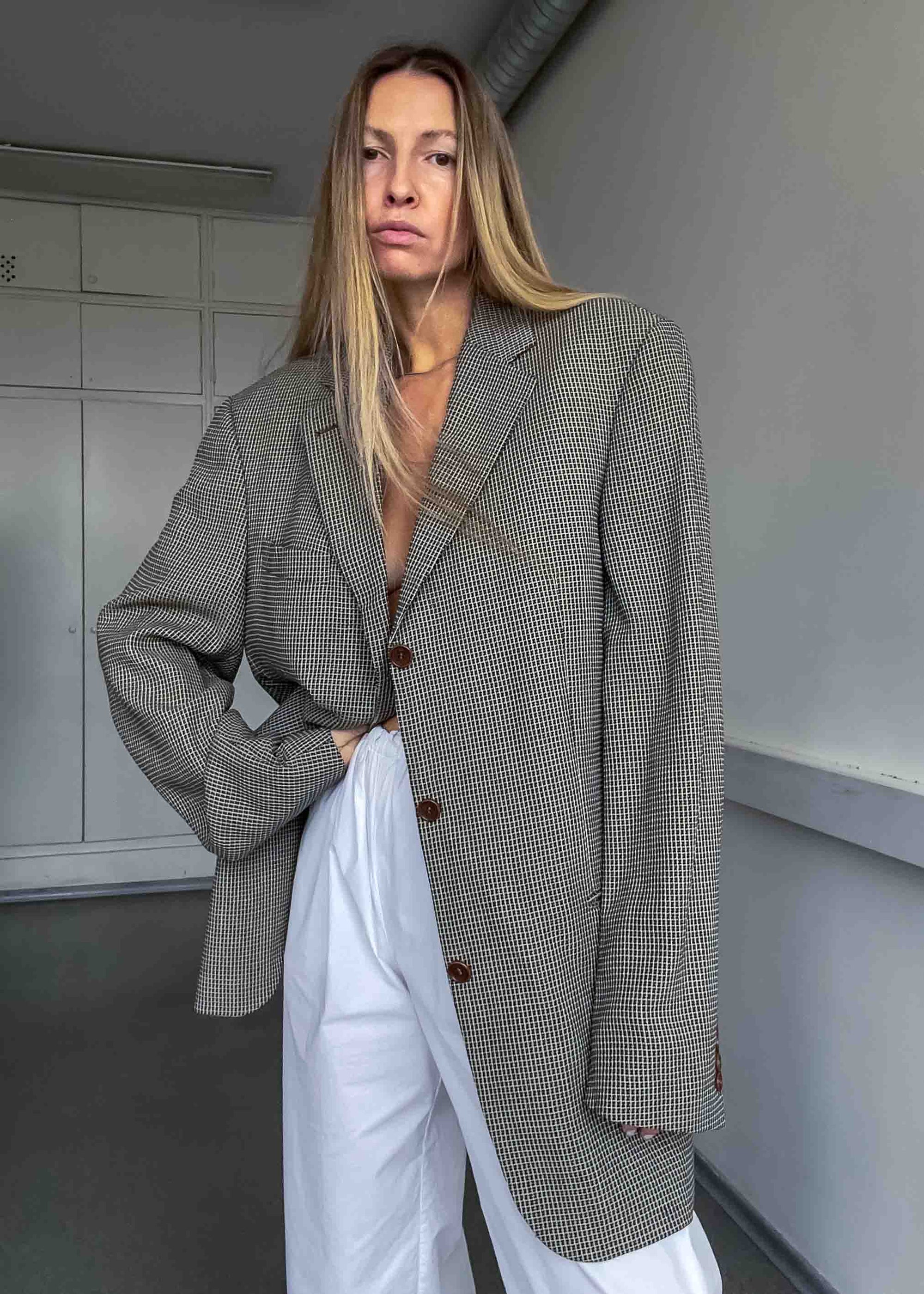 Vintage Brown Checked Oversized Blazer