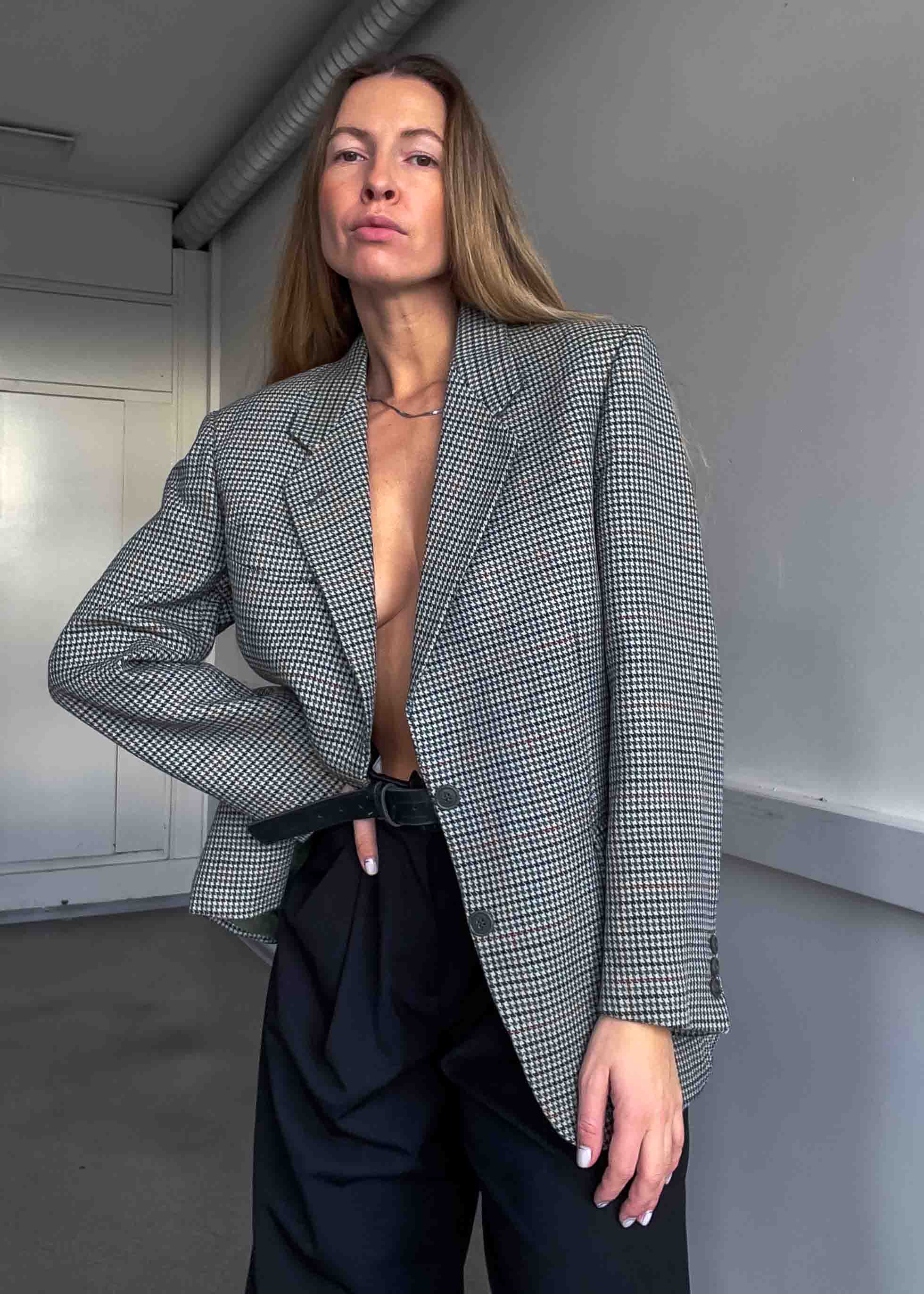 Vintage Dogtooth Print Oversized 100% WOOL Blazer