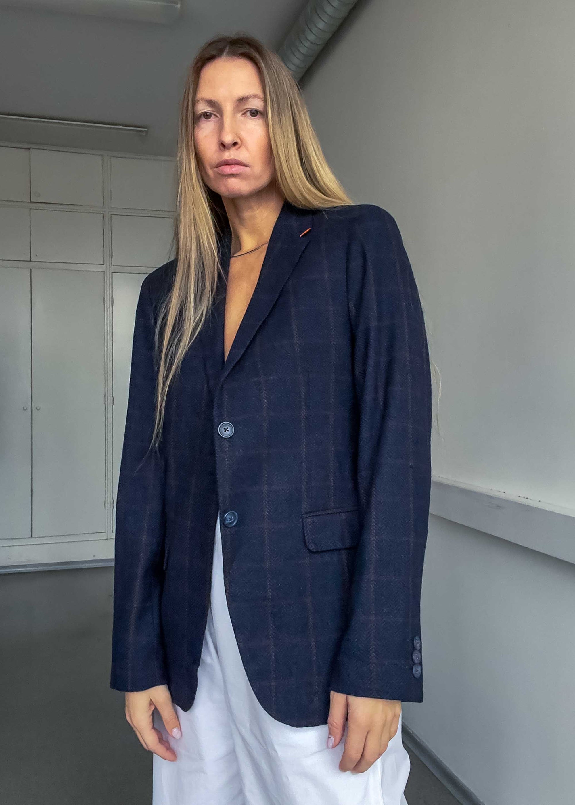 Vintage Navy Blue Checked Very Small Fit Blazer