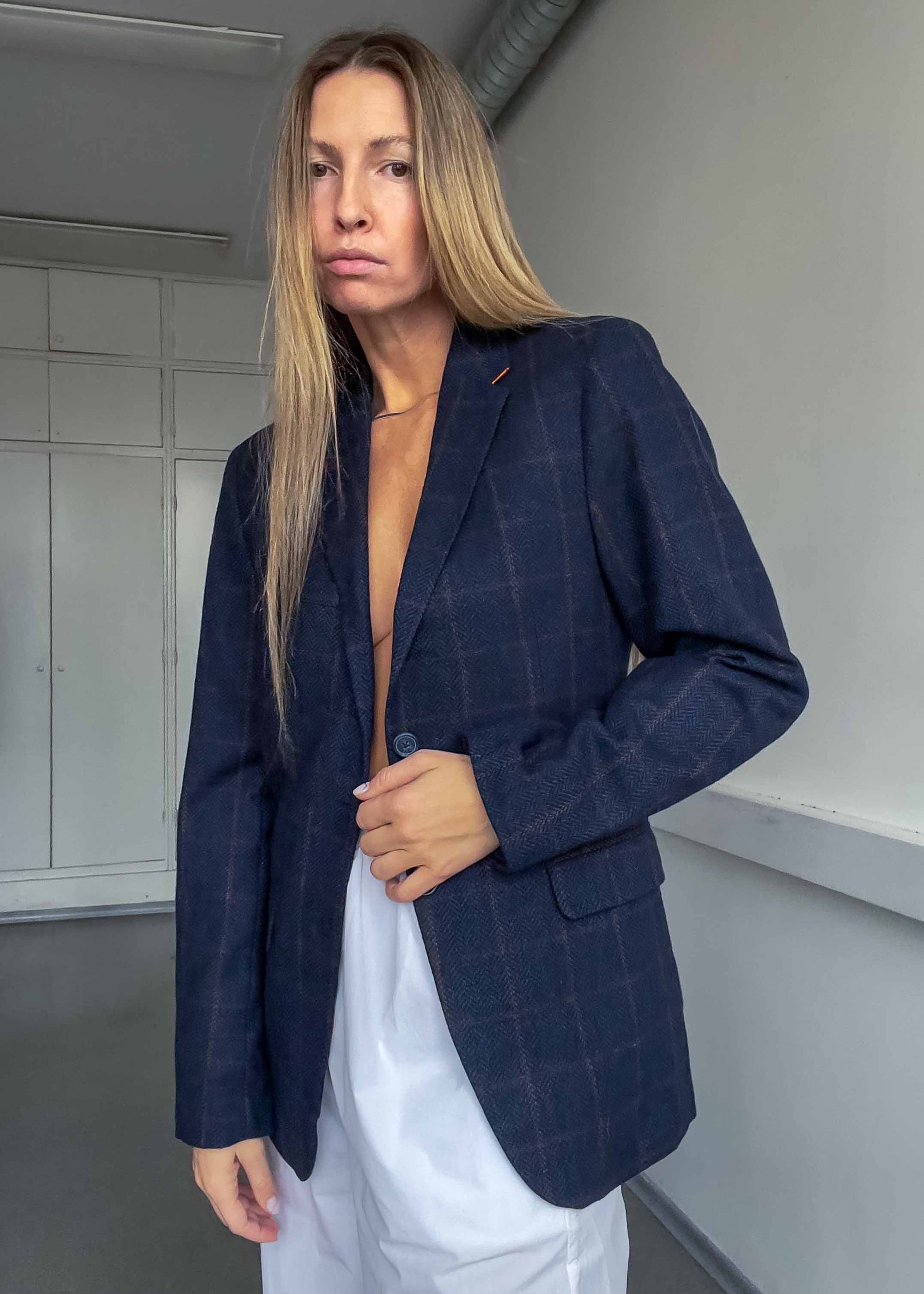 Vintage Navy Blue Checked Very Small Fit Blazer