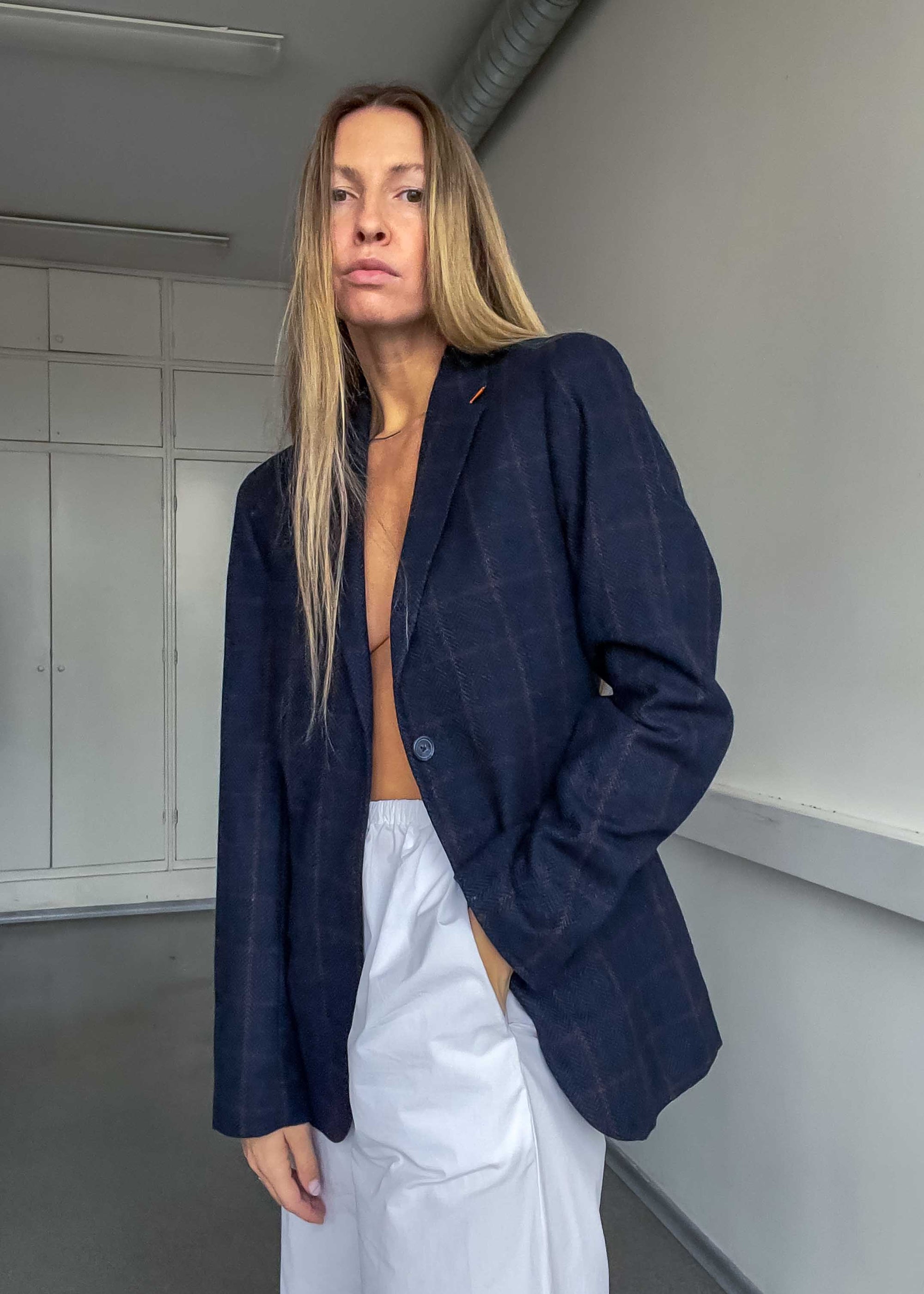 Vintage Navy Blue Checked Very Small Fit Blazer