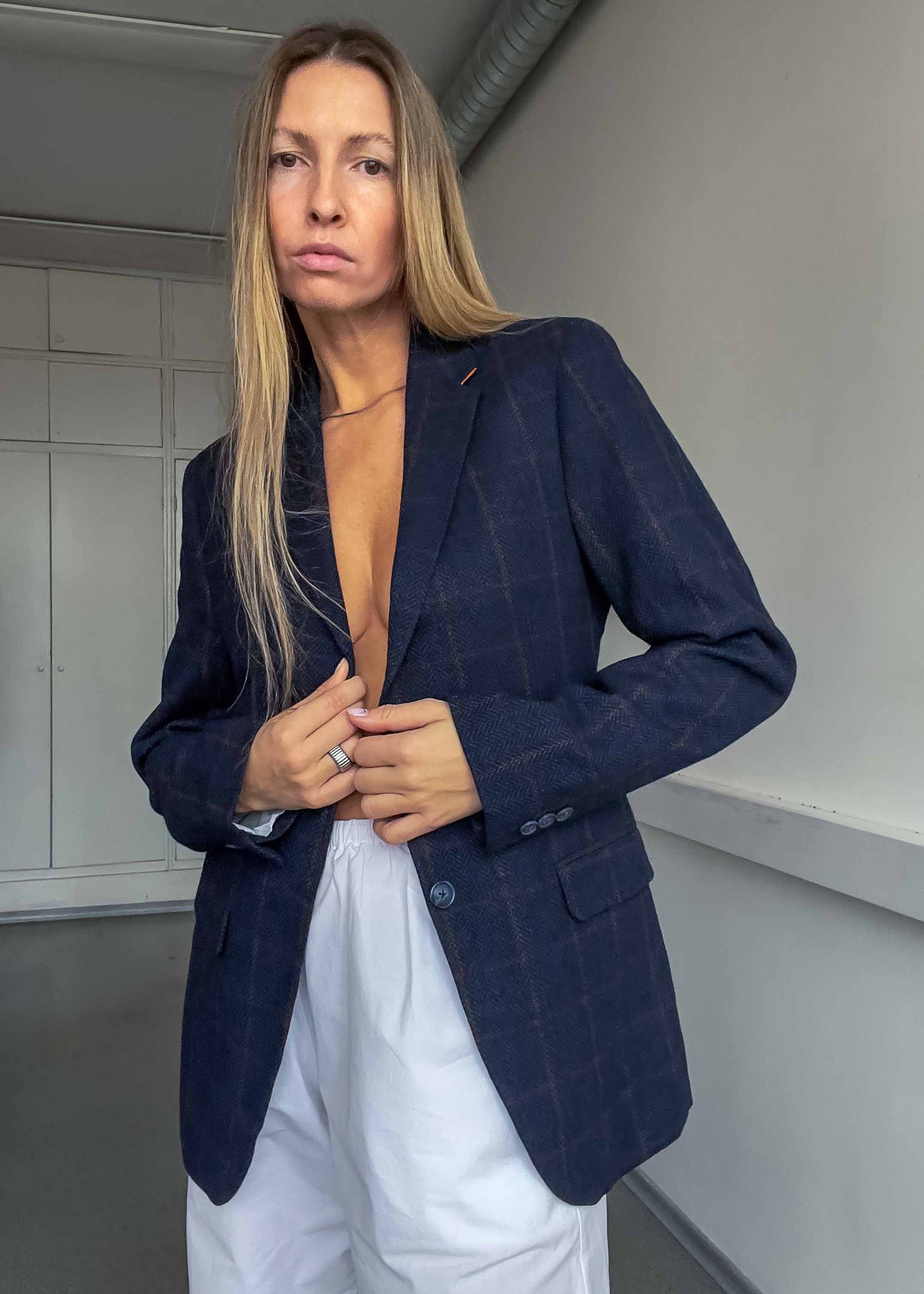 Vintage Navy Blue Checked Very Small Fit Blazer
