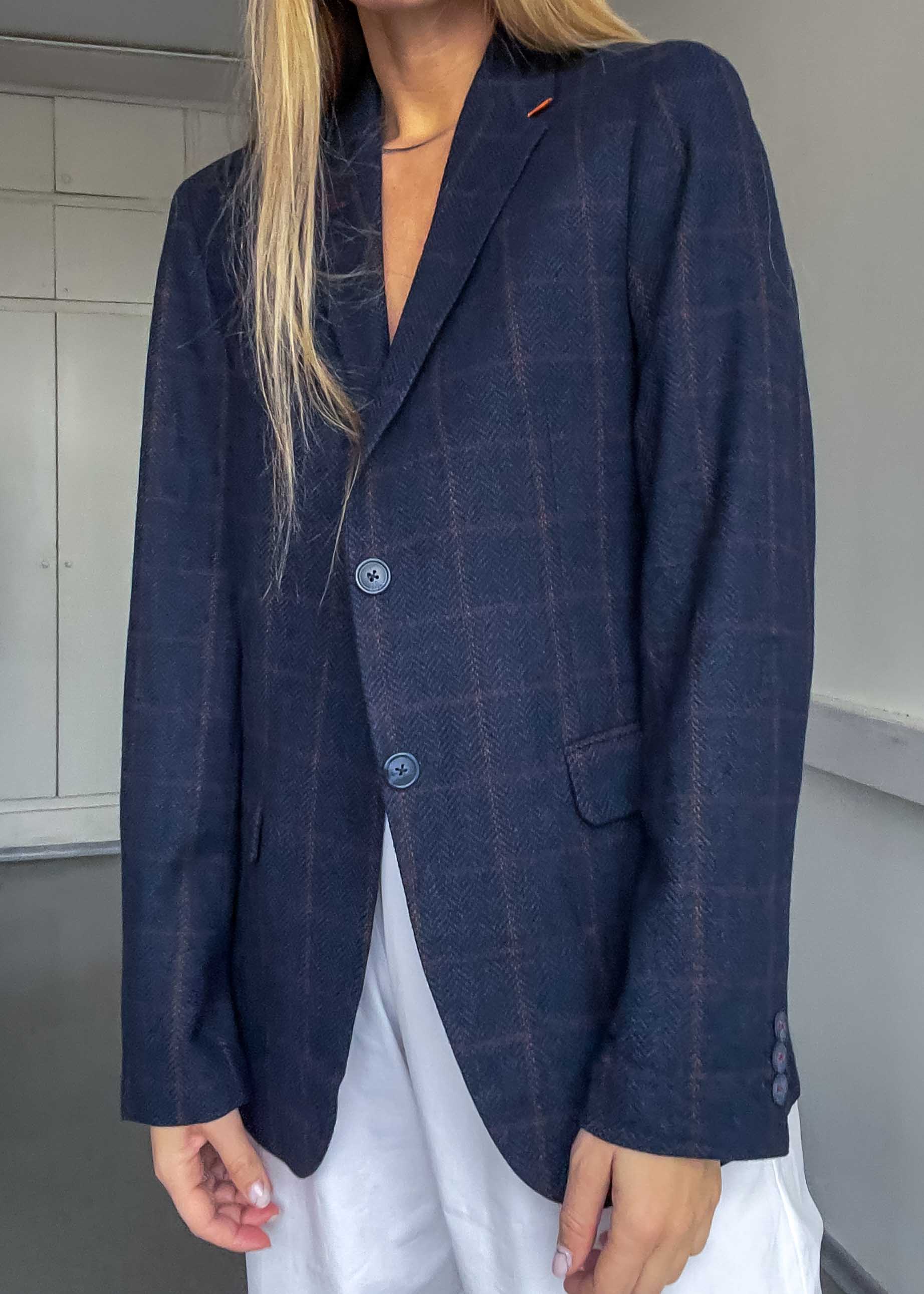 Vintage Navy Blue Checked Very Small Fit Blazer