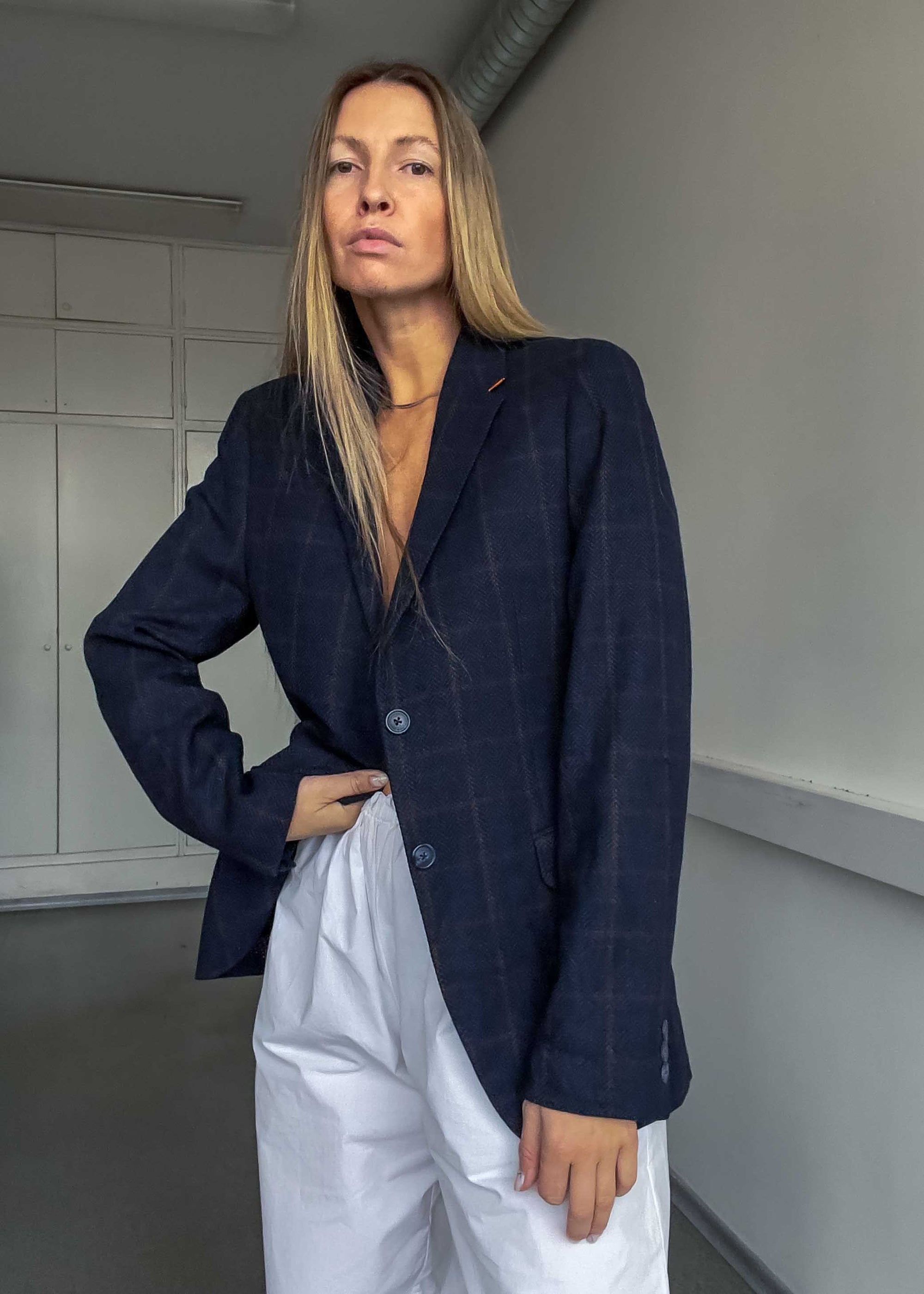 Vintage Navy Blue Checked Very Small Fit Blazer