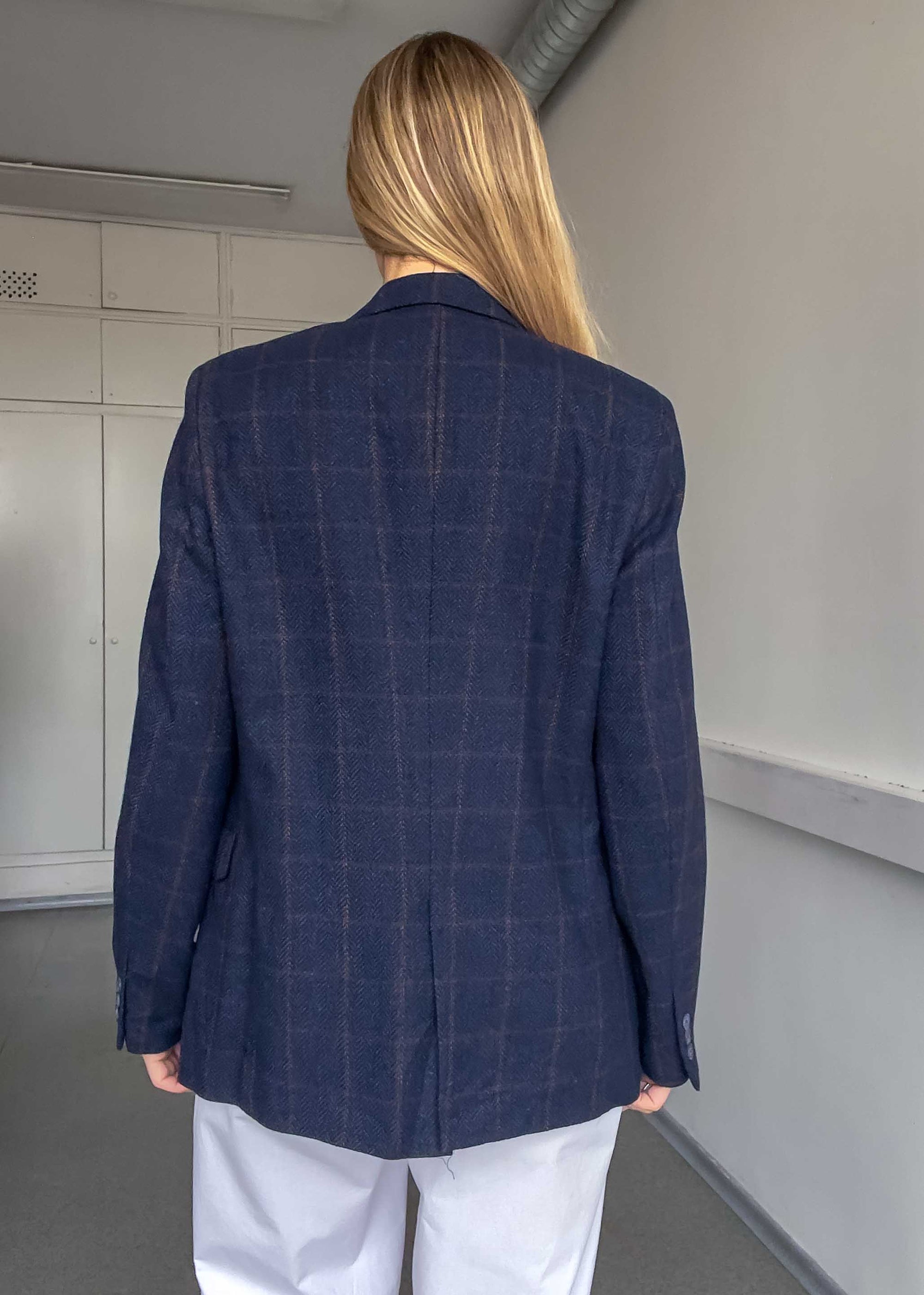 Vintage Navy Blue Checked Very Small Fit Blazer