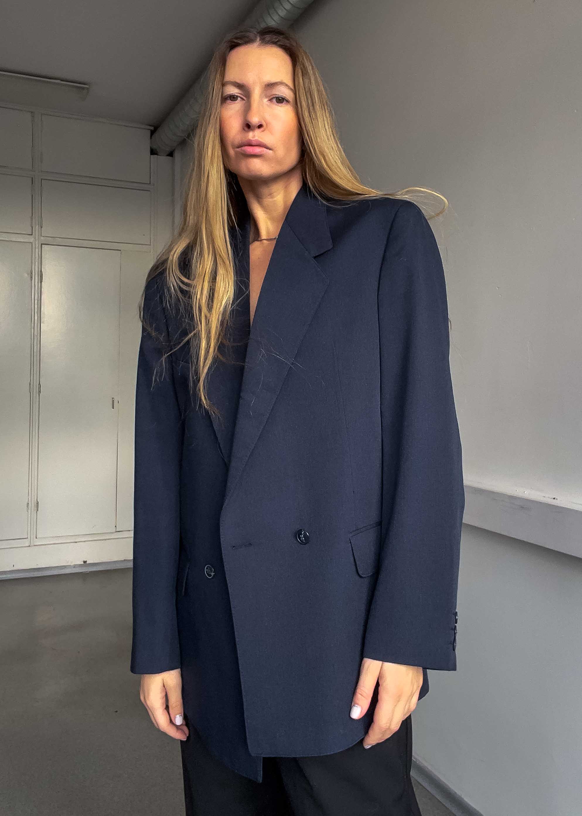 Vintage Dark Blue Oversized Double Breasted Blazer