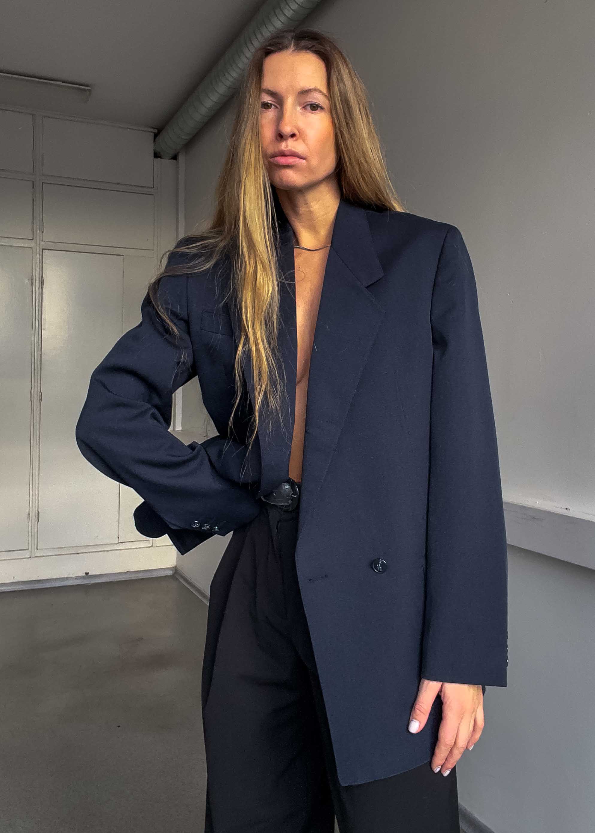 Vintage Dark Blue Oversized Double Breasted Blazer