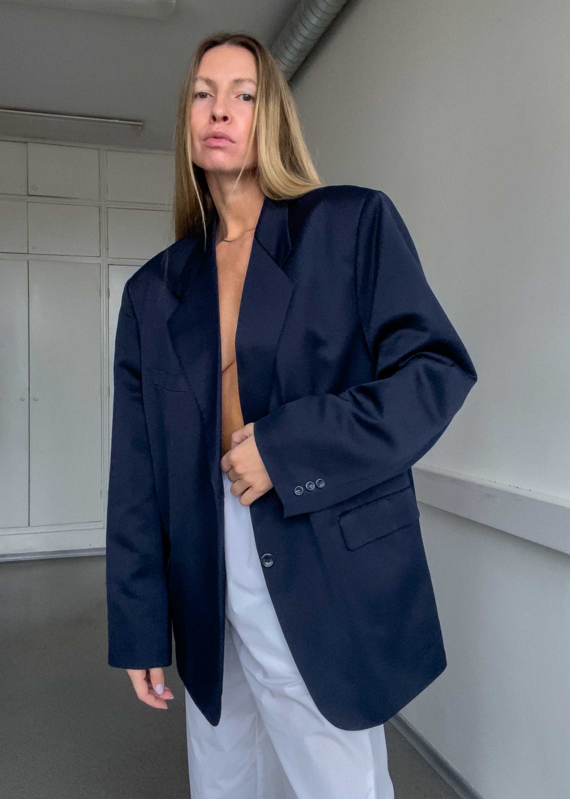 Vintage Navy Blue Oversized Satin Finish Blazer